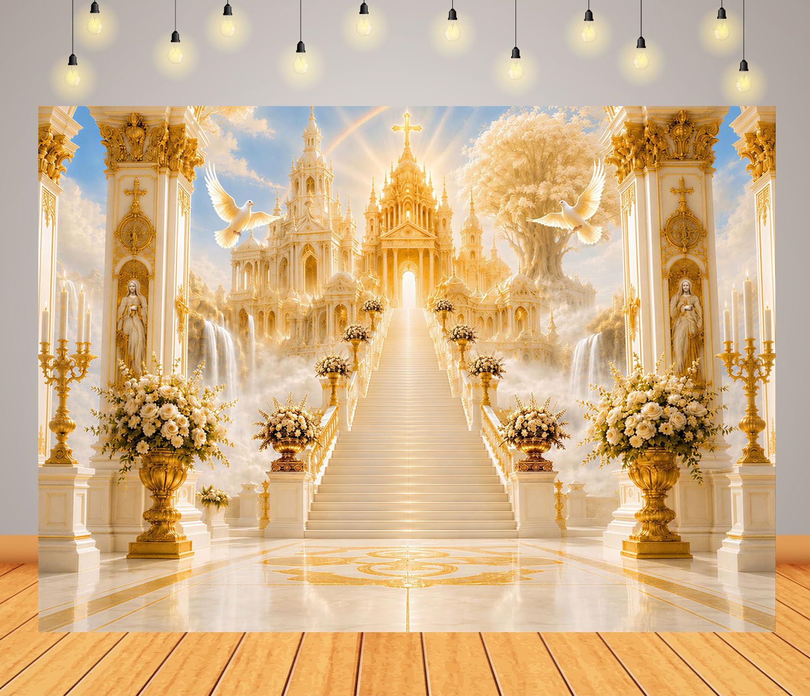 10x8FT (3x2.5m) Palazzo Celeste Dorato Sfondo Fotografico | Santuario Divino Fondale In Tessuto Resistente,Colonne Dorate E Colombe Bianche,Feste Cristiane,Personalizzabile,Photo Booth