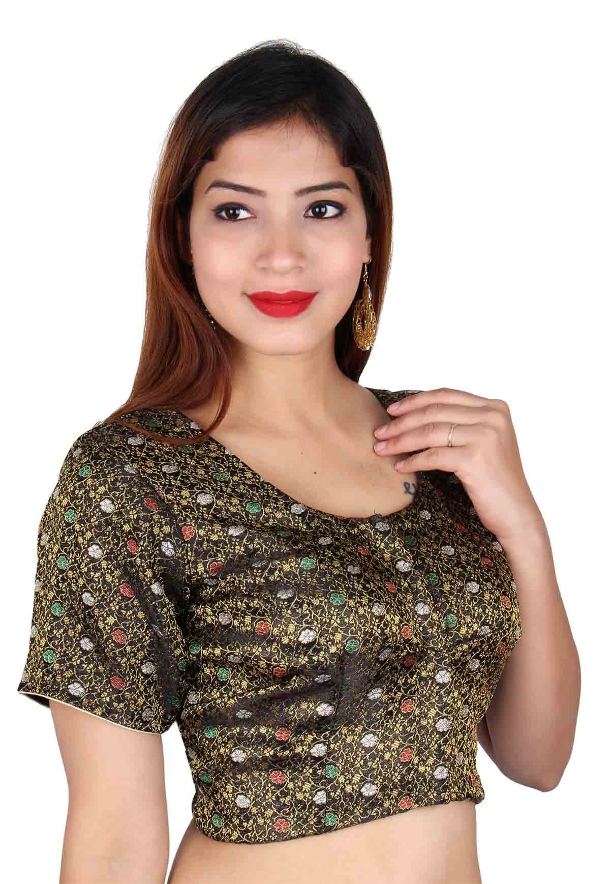 Desi Sarees Women's Black Indian Brocade Saree Blouse Top 4024