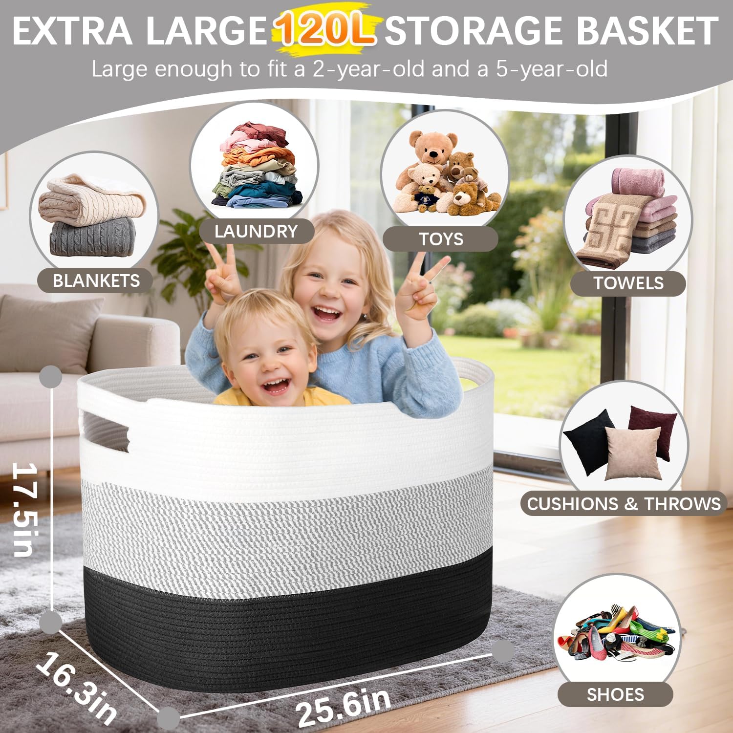 120L Extra Large Blanket Basket, XXXL Woven Cotton Rope Storage Basket for Pillows, Clothes & Laundry, Oversized Toy Storage Basket with Handles for Living Room, Kids Room & Bedroom (Black/White)