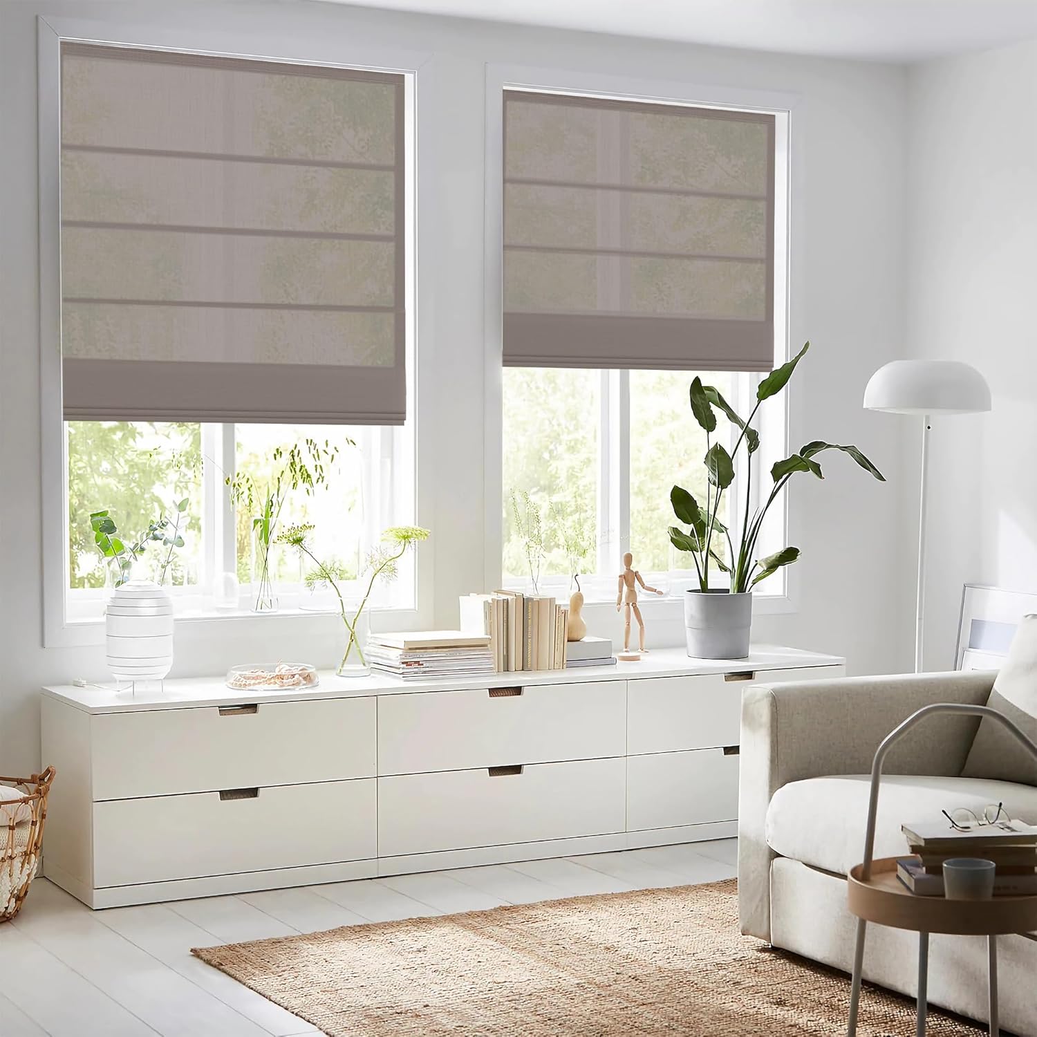 Roman Shades for Windows, Cordless No Drill Blinds for Window, Heat Blcoking and Energy Saving for Living Room, Light Filtering Sheer Brown 37" W x 48" H