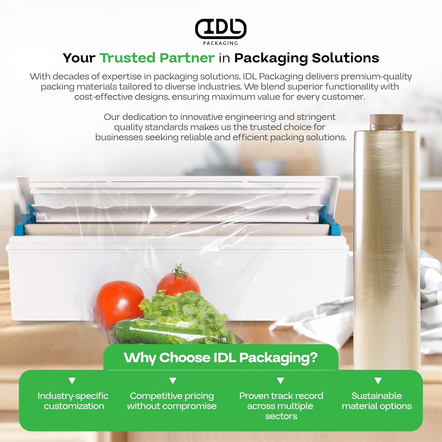 IDL Packaging 18" x 2000' Food Wrap Film Roll, 3" Core - USA-Made Clear Plastic Cling Film, BPA Free – Durable, Safe Food-Grade Wrap for Storing & Packing Food