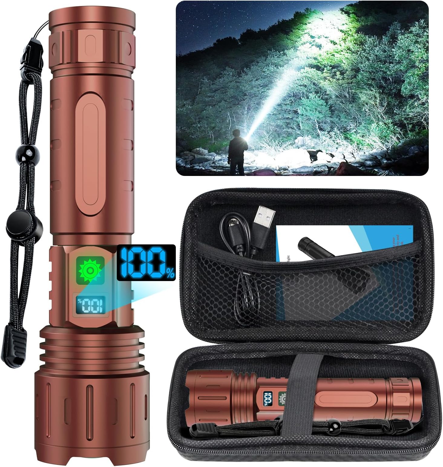 Flashlights 20000 High Lumens Rechargeable - 1500 Meters Long Beam Super Bright LED Flash Light with Power Display & IPX5 Waterproof for Camping, 20H Runtime,5 Modes,Zoomable Handheld Flashlight-Brown