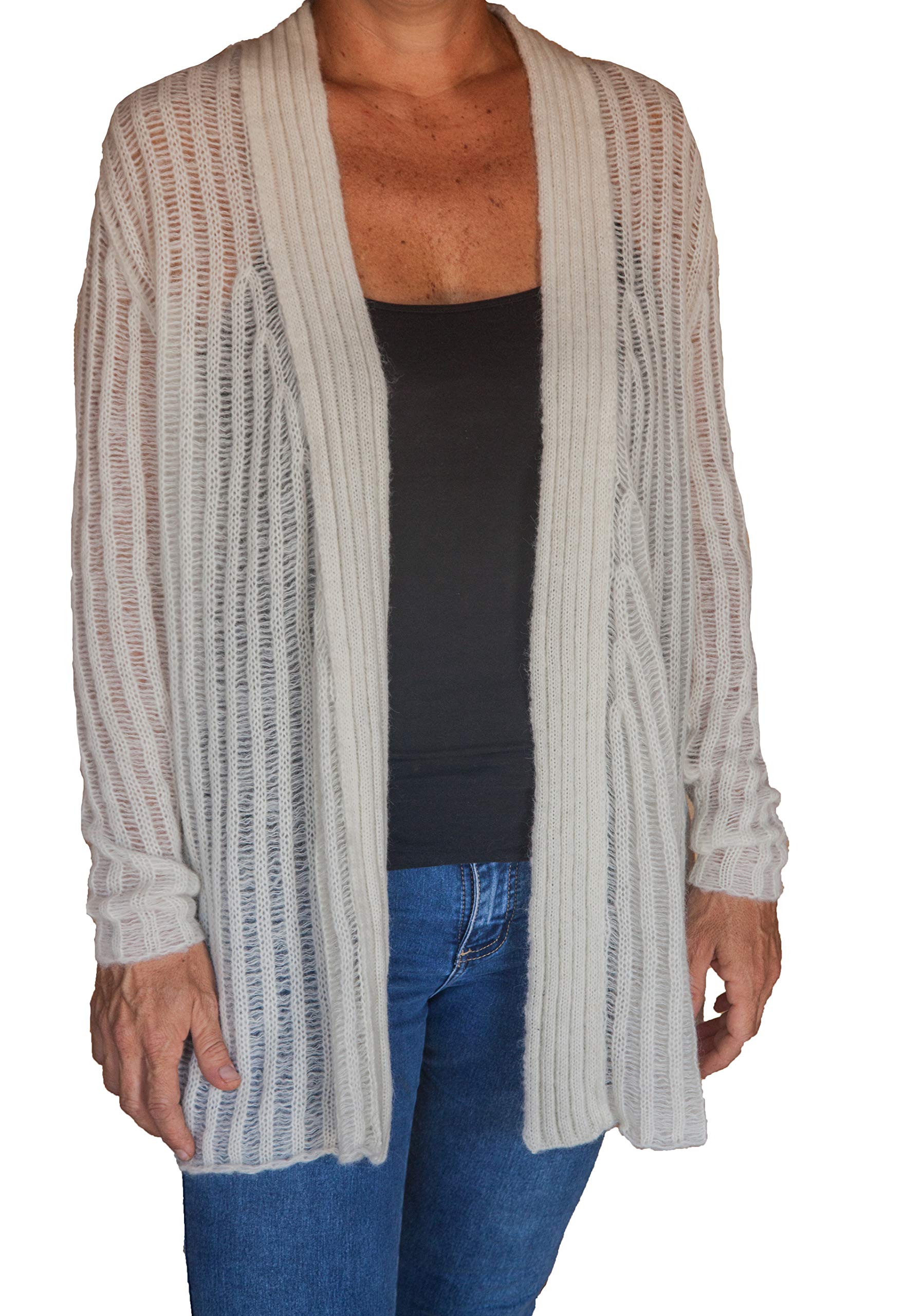 Baby Alpaca Women's Casual Long Sleeve Open Front Mesh Lightweight Cardigans - Ivory