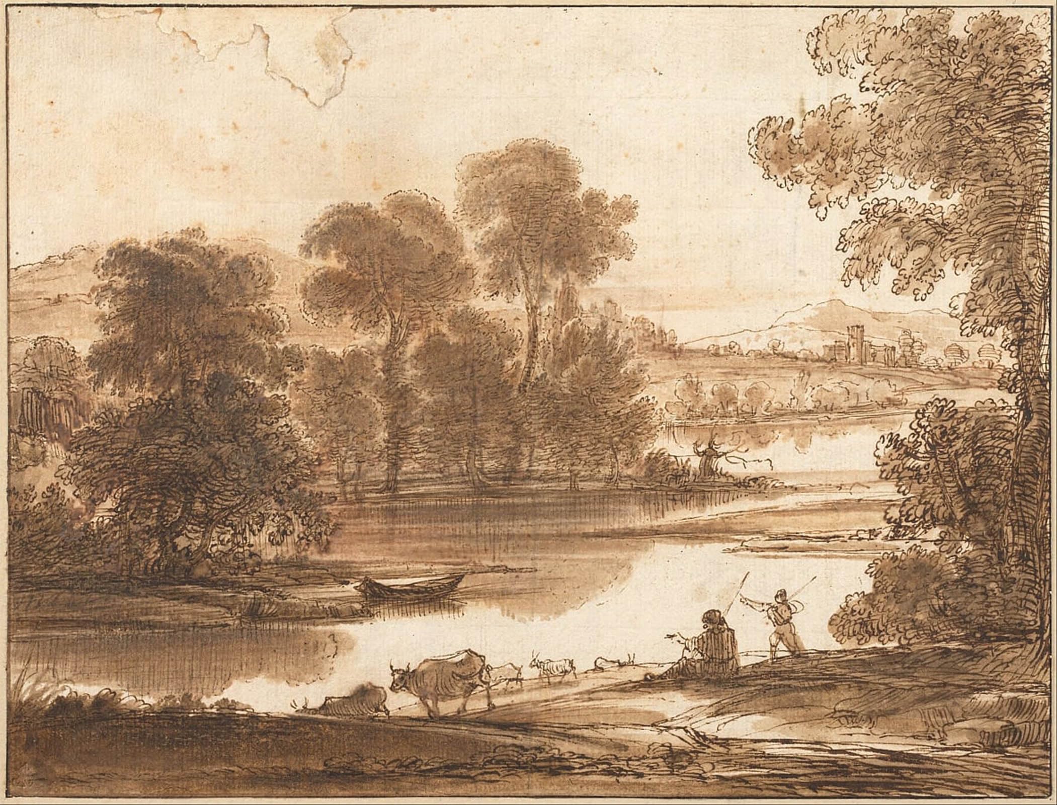 ARTXLXXBN Famous Painting Canvas Artwork Graffiti Print Floodplain with Watering Place by Claude Lorrain Portrait Canvas Image for Home Decor 60x90cm