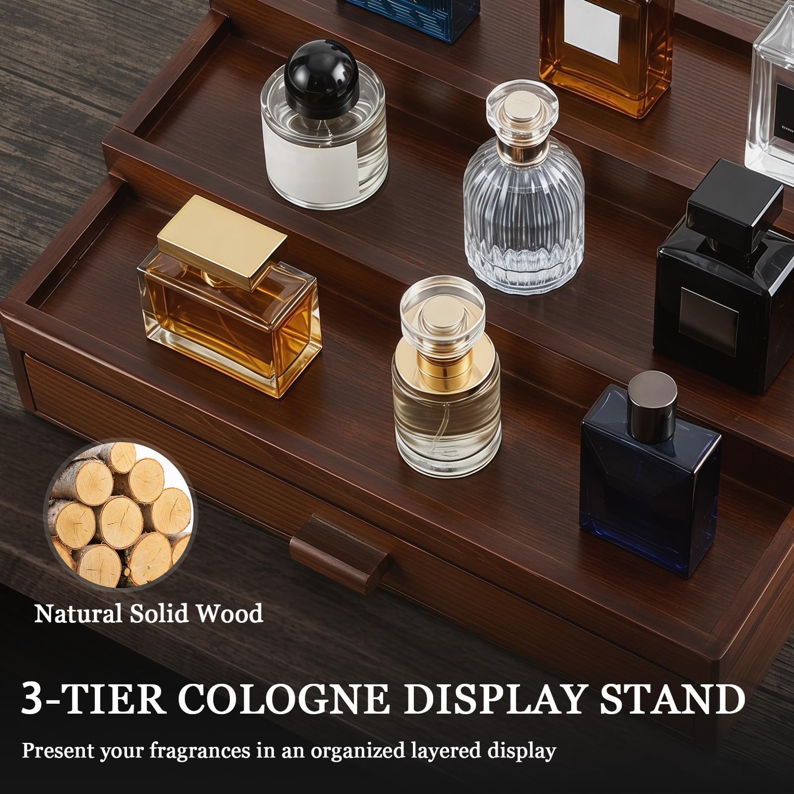 3 Tier Wooden Cologne Organizer with Drawer and Hidden Compartment