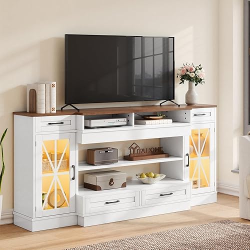 YITAHOME TV Stand with Fireplace for 75/80 Inch TV, Entertainment Center with 3 Sided Glass Electric Fireplace & LED Strip, TV Console Cabinet with Glass Door & Power Outlet for Living Room (White)