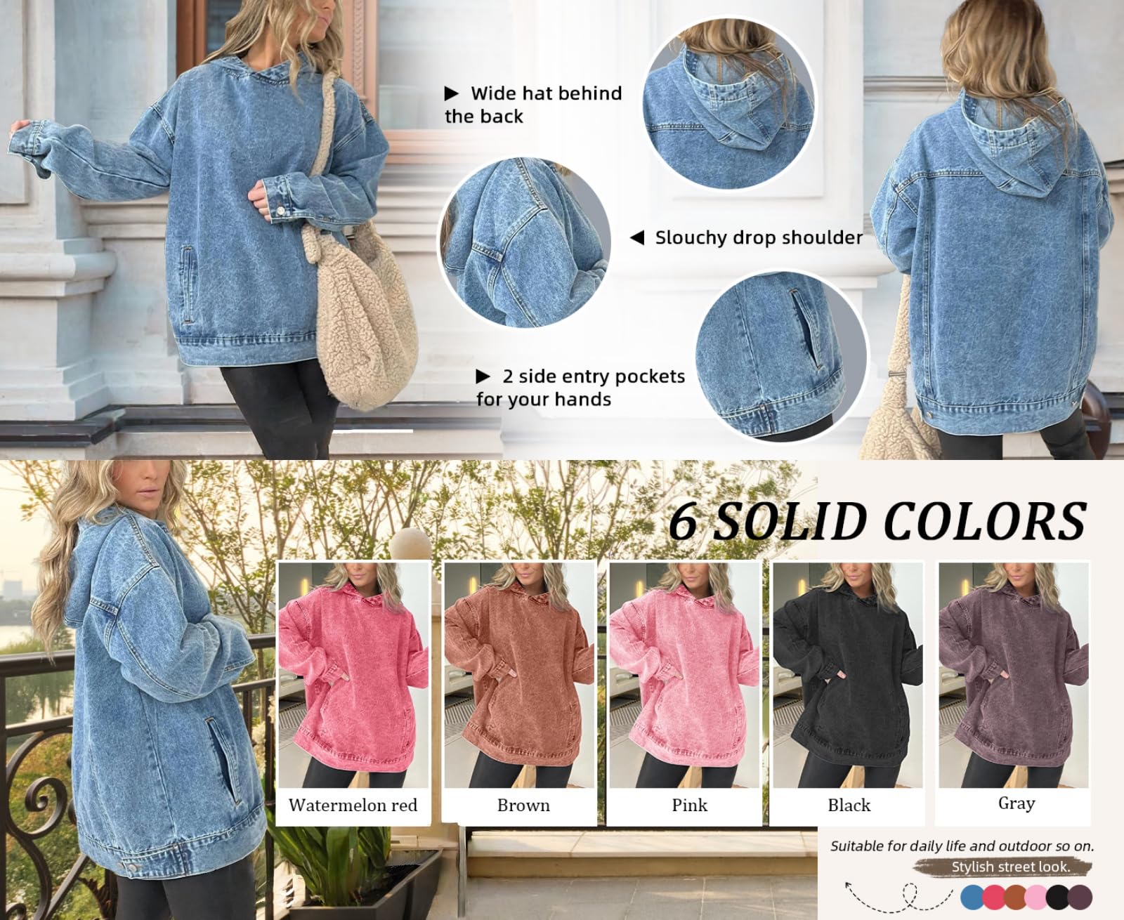 Dżinsowa bluza z kapturem z kieszeniami przednimi, damska dżinsowa bluza z kapturem, kurtka dżinsowa, damska bluza oversize z kapturem dżinsowa