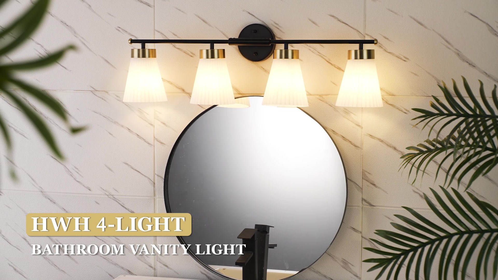 Image of 4-Light Bathroom Light Fixture, HWH 32 Inch Vanity Lights Over Mirror, Modern Sconce Wall Lighting with Frosted Milk White Striped Glass, Black and Gold Finish, 5HZG97B-4W BK+BG
