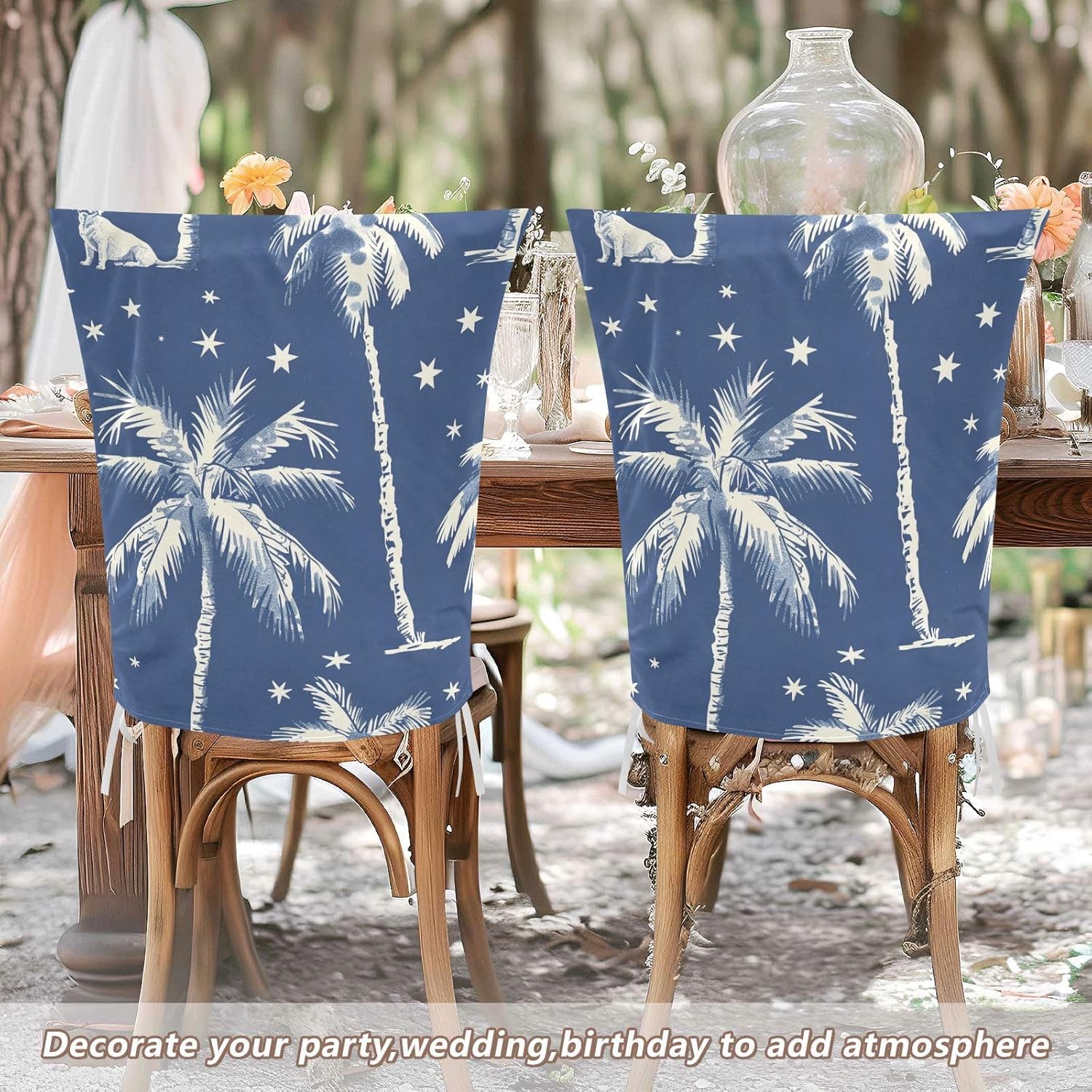 ALAZA Vintage Palm Trees Dogs Stars Chair Back Cover Set of 6, Washable Reusable Removable Chair Slipcovers Decorative Chair Cover for Home Kitchen Wedding Party