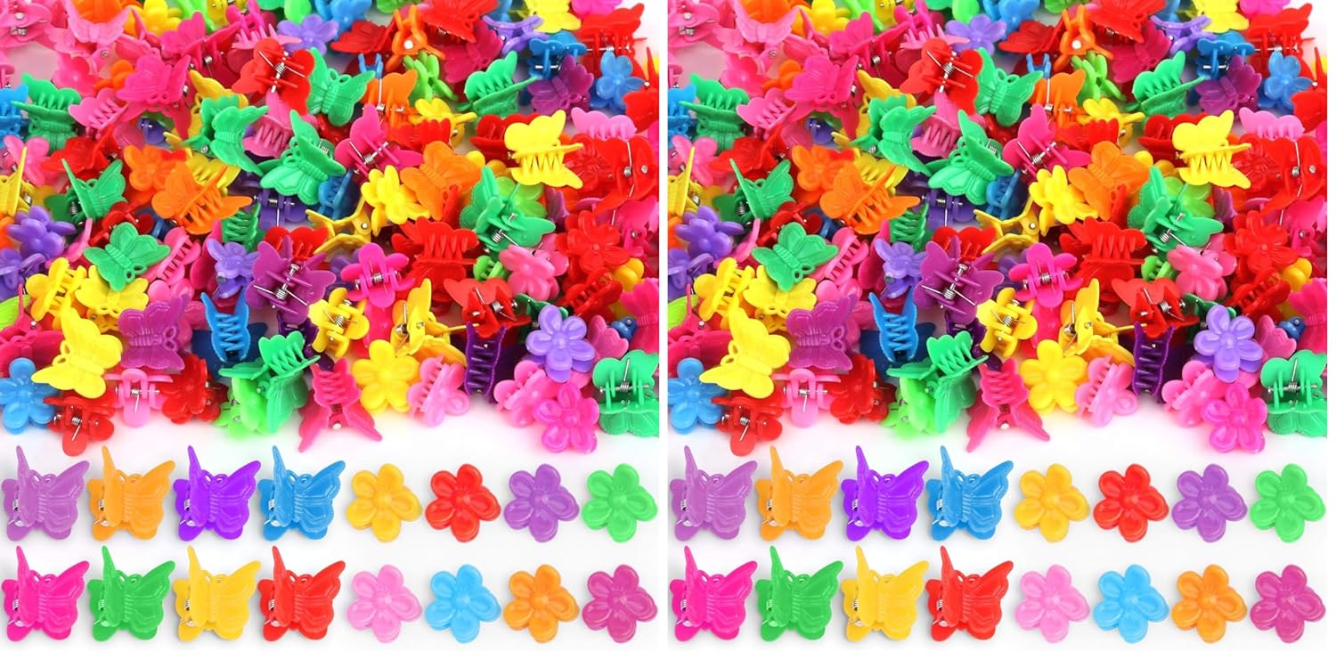 YGDZ 200pcs Small Claw Cute Flower Butterfly Hair Clips for Baby Girls, 8 Assorted Colors (Pack of 2)