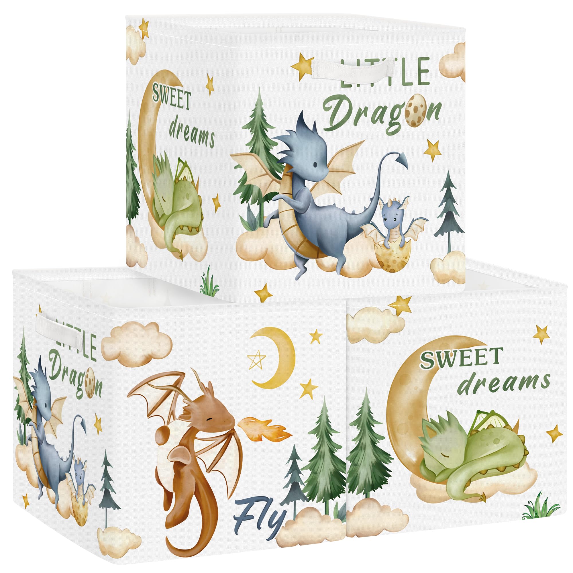 Clastyle 3 pcs Dinosaur Cube Storage Unit Boxes Volcano Kallax Box for Shelves Parents Storage Baskets for Book Clothes Toy Organizer, Dragon, 11.8x11.8x11.8 in