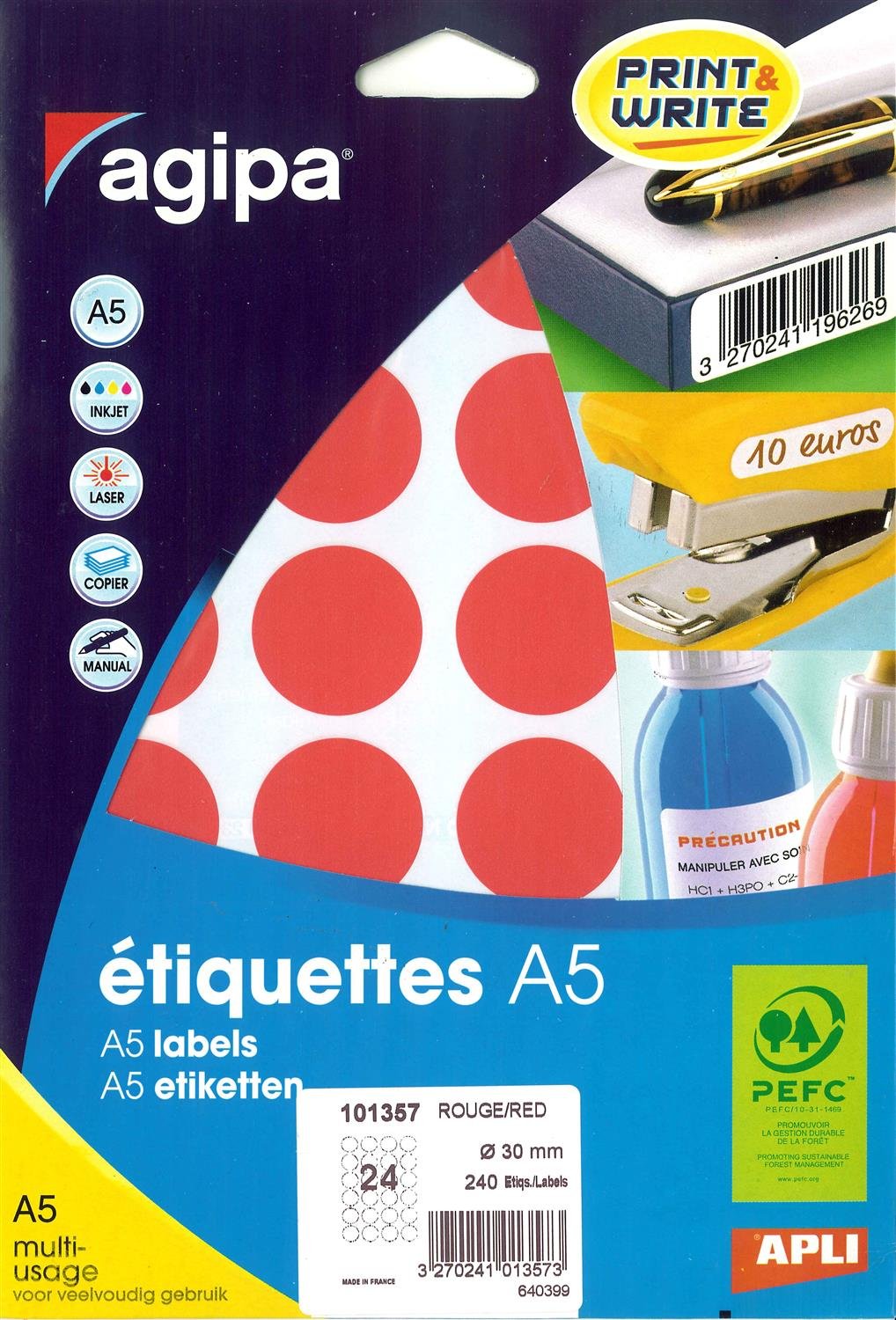 AGIPA Lot de 5 Etuis A5 (10F) de 240 Pastilles Gommettes Rondes 30 mm Rouge