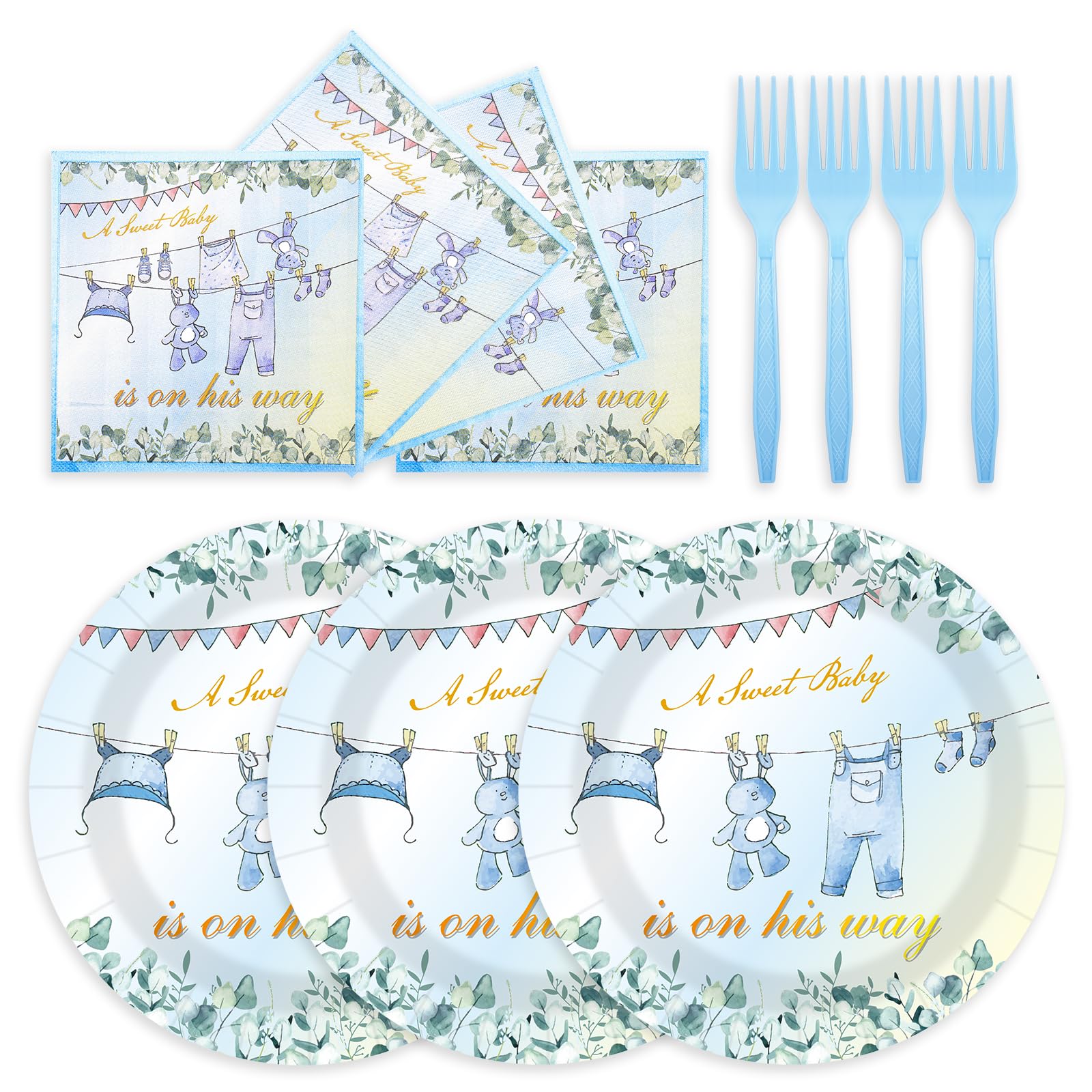 Photo 1 of **INCOMPLETE SET/ MISSING PIECES*** 75PCS Greenery Baby Shower Plates and Napkins Decorations Party Favors, 7Inch A Sweet Baby Is on His Way Baby Boy Shower Paper Plates Disposable Dessert Tableware Party Supplies