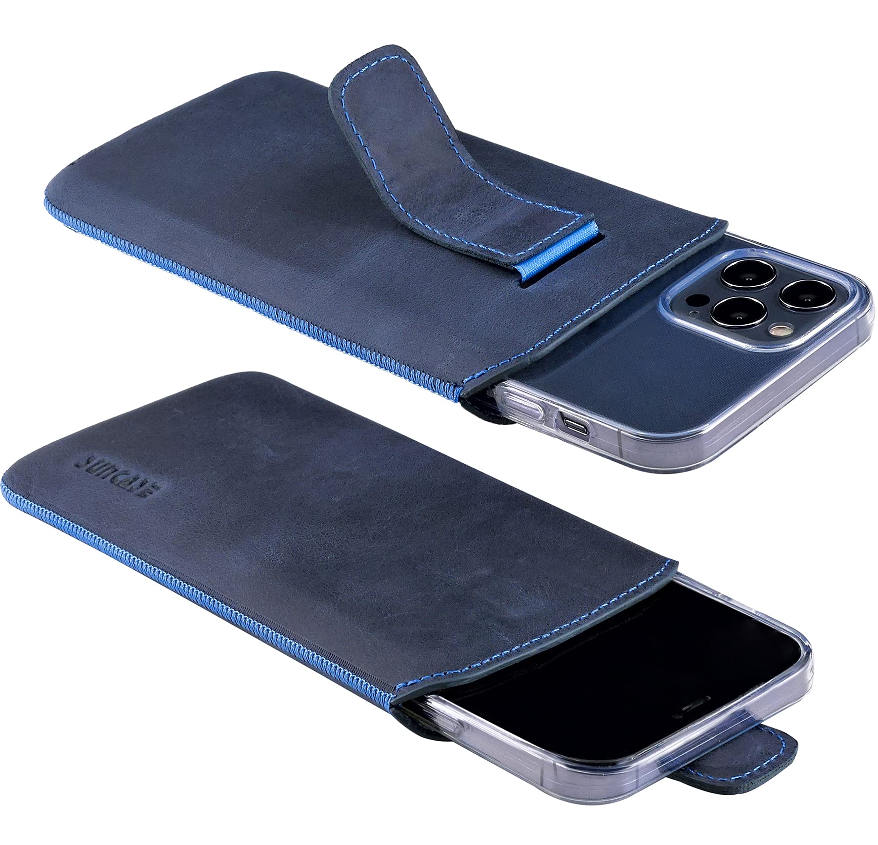 Suncase ECHT Leder Tasche kompatibel mit iPhone 14 Pro (6,1 Zoll) mit ZUSÄTZLICHER Transparent Hülle | Schale | Silikon Bumper Handytasche (mit Rückzugsfunktion und Magnetverschluss) in Pebble Blue