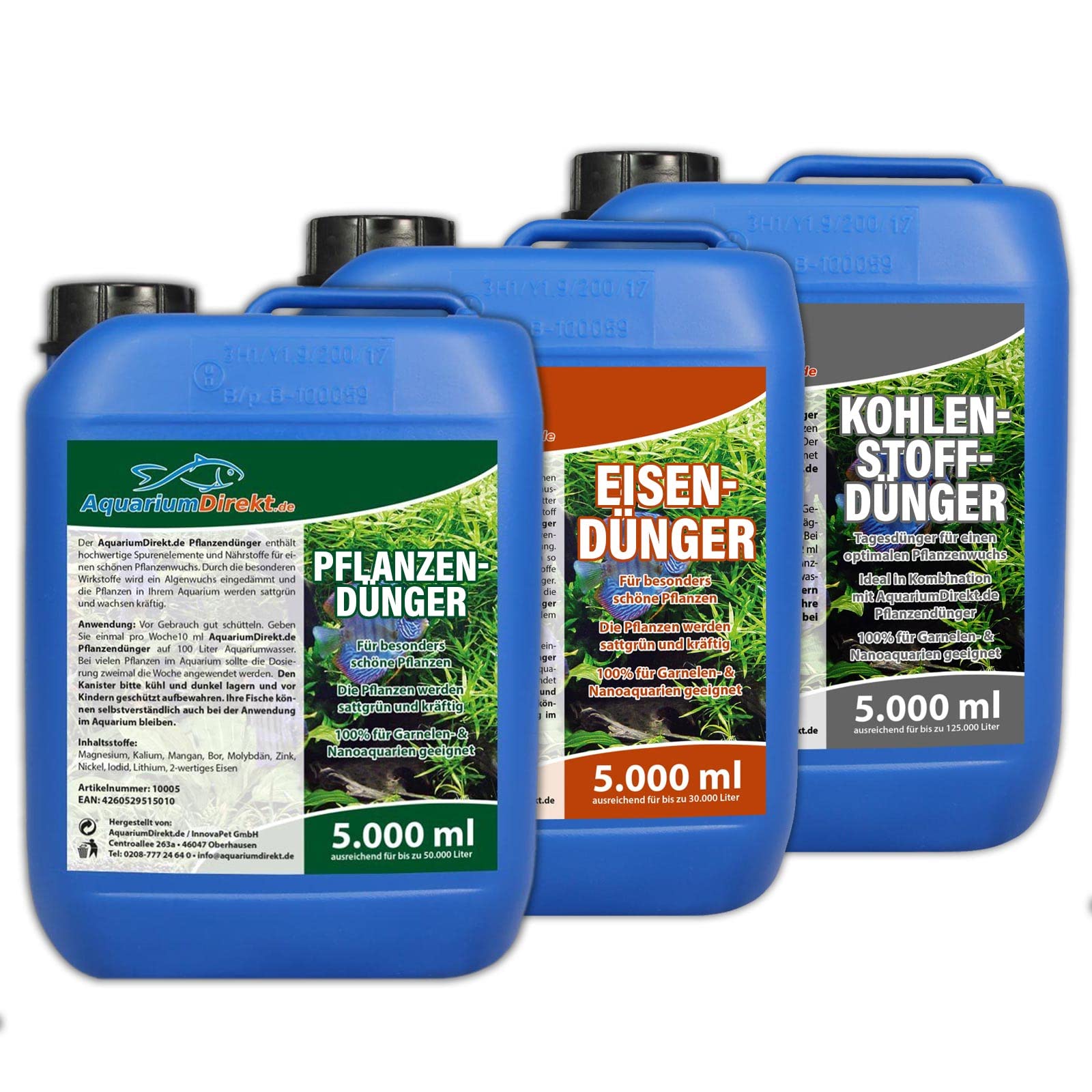 Aquarium-Direkt Pflanzen-, Eisen-, Kohlenstoffdünger Spar-Set 3 x 5 Liter (Perfekte Pflanzenpflege für Ihr Aquarium - Komplett-Set mit allen Spurenelementen und Nährstoffen)