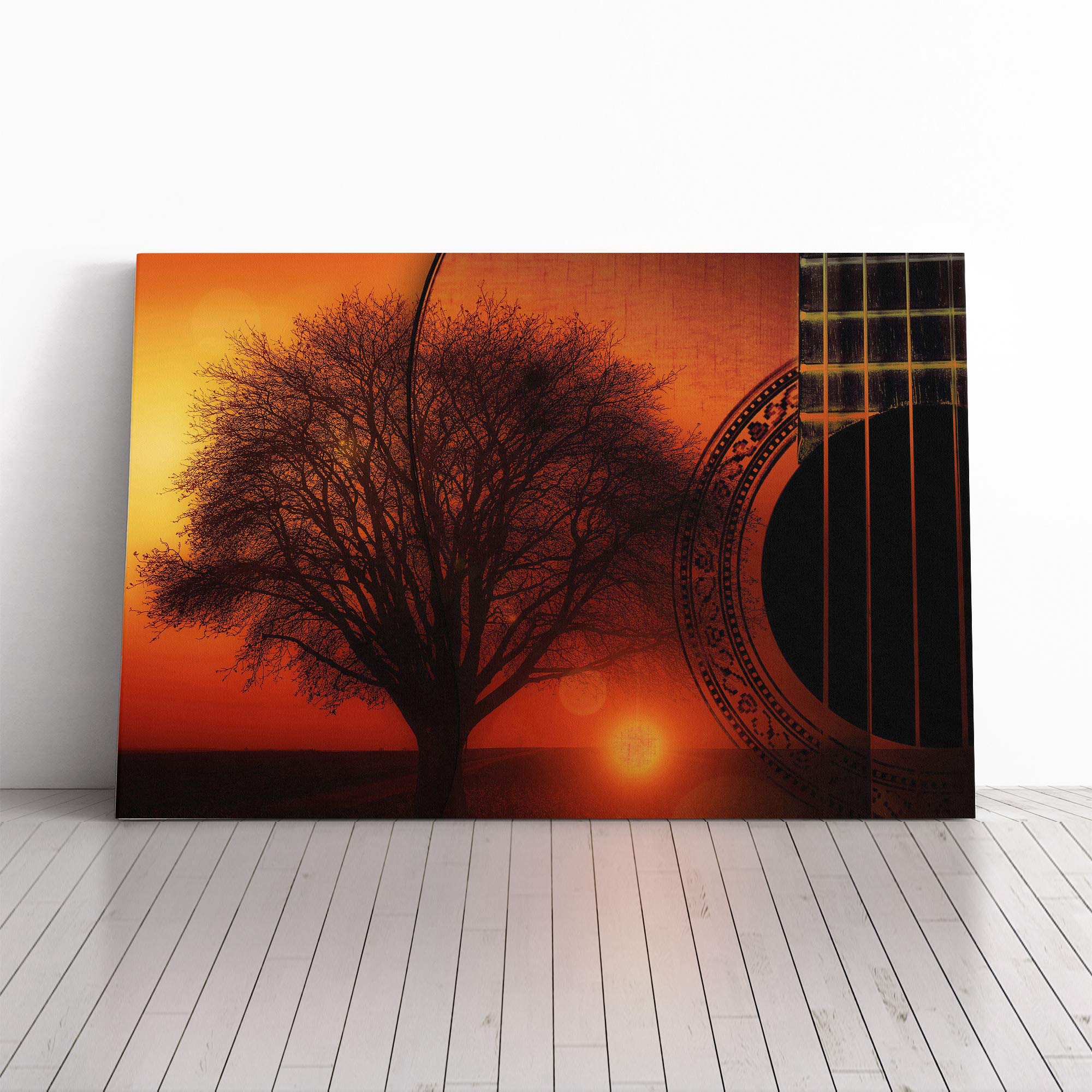 Guitar, Tree and Sunset Canvas Print | Gallery Wrapped 30mm Frame Wall Art | 30x20 inches | Ready to Hang | Contemporary Landscape Picture | Living Room Bedroom Lounge Office