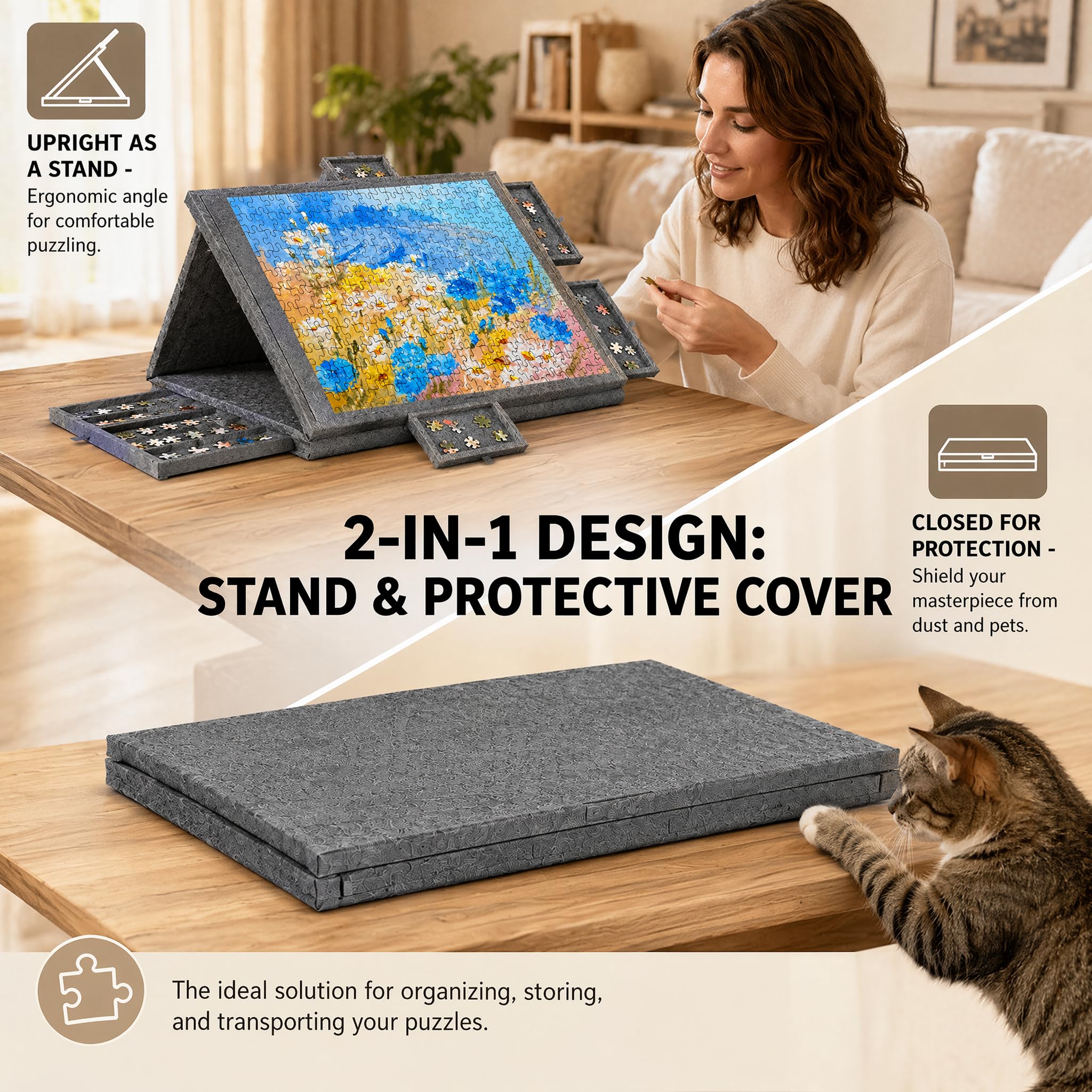 Tavola da puzzle inclinabile 2 in 1, con supporto e copertura, in feltro, leggera, portatile, con 6 cassetti, regalo per adulti