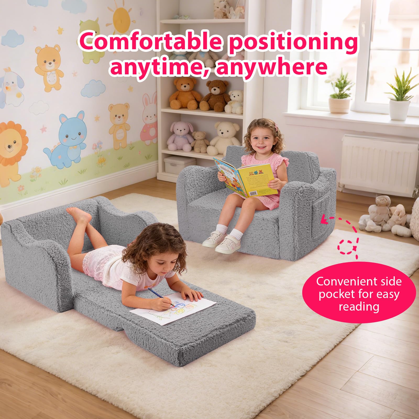 Poltroncina per Bambini 2 in 1, Poltrona Bambini Pieghevole, Poltroncina Bimbi Con Rivestimento Sfoderabile, Poltrona Bambina Bambino