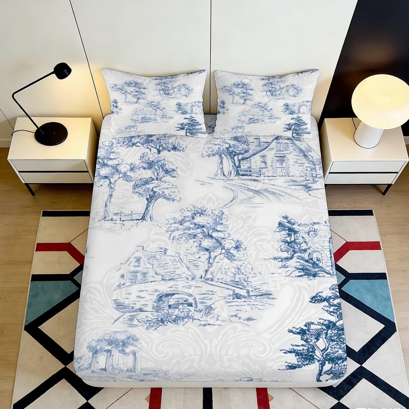 3D Printed Pastoral Scenery Fitted Sheet Microfiber Deep Pocket Anti-Slip Pastoral Scenery Mattress Fitted Cover Bedding 160x200x25cm