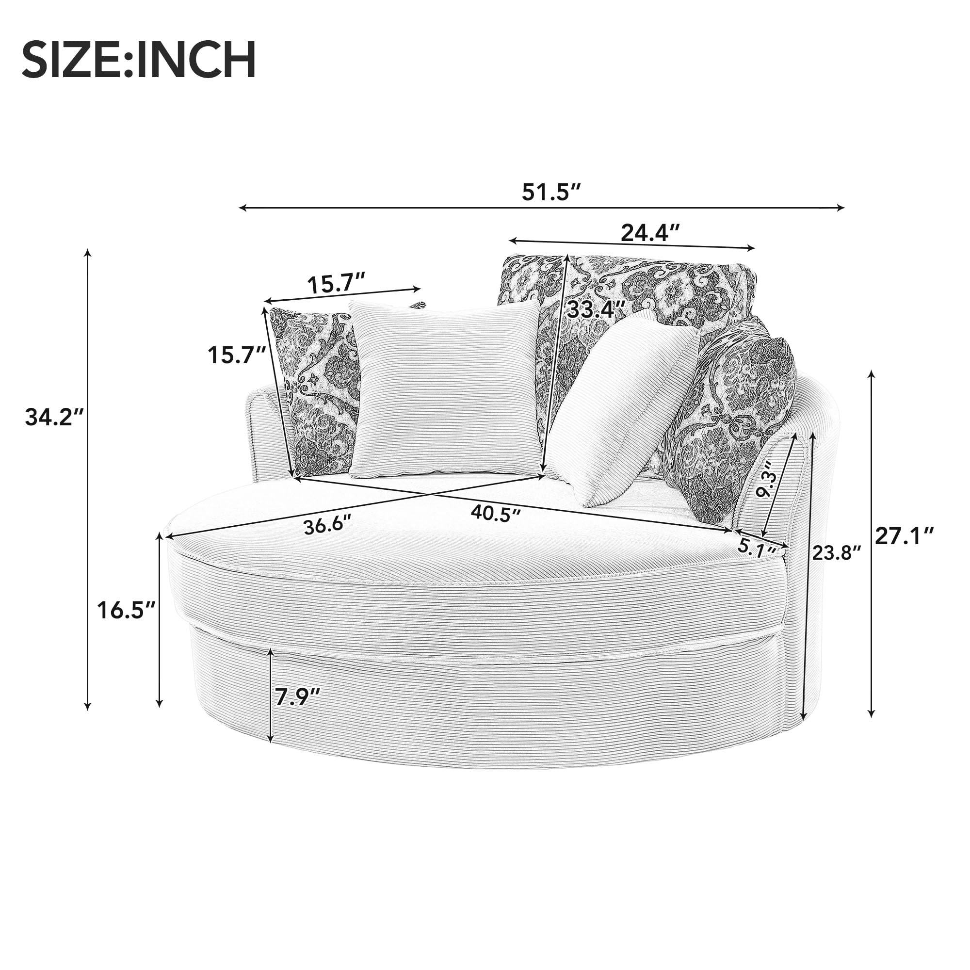 ERYE 51.5" W Oversized Accent Barrel Chair 360°Swivel Round Sofa&Chair ...