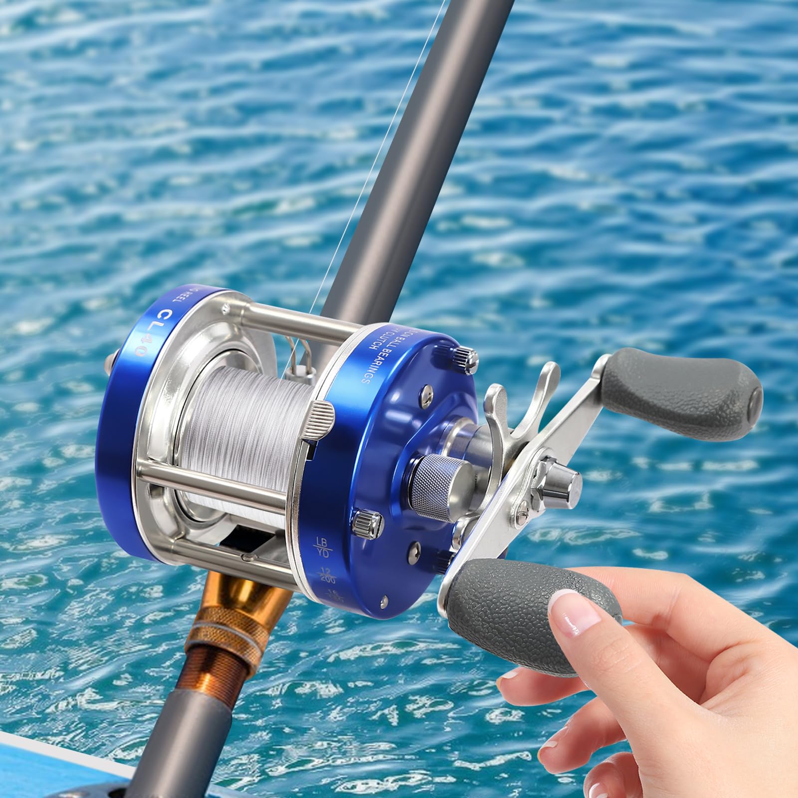 Moulinet Baitcasting Rond Main Gauche – 5.2:1, 2BB+1RB, Capacité 16/20 Lbs, Noir/bleu/rouge, Pour Poisson-chat, Bar, Thon