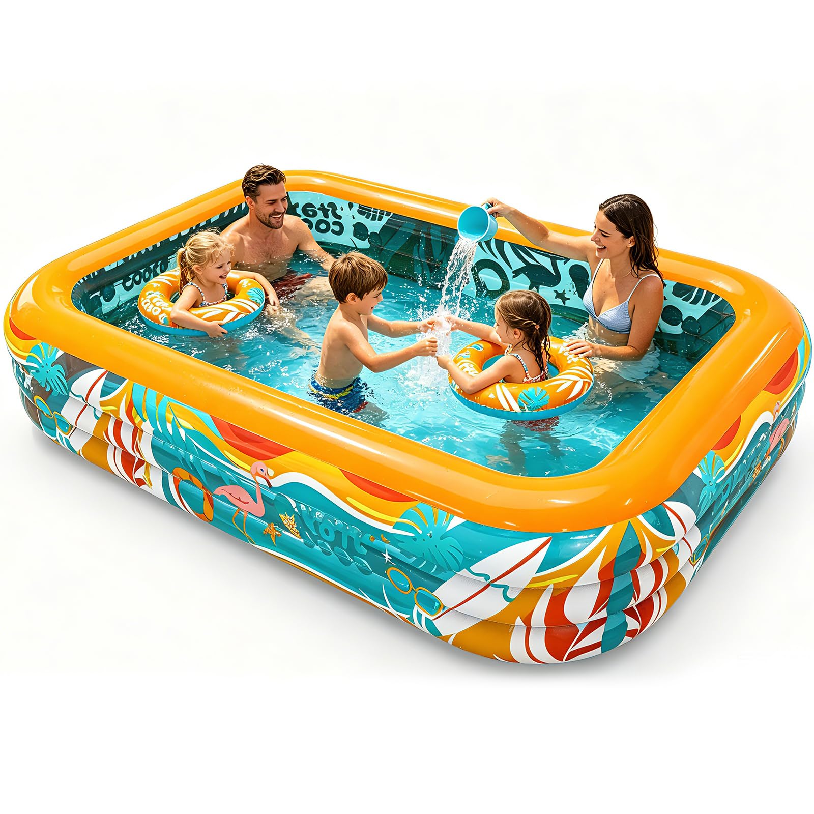 Skirfy Aufblasbarer Pool, 305 x 183 x 56 cm XXL Gartenpool, Verdickter Kinderpool für Erwachsene & Kinder, 2 Schwimmringe,Sommer Outdoor Pool für Garten