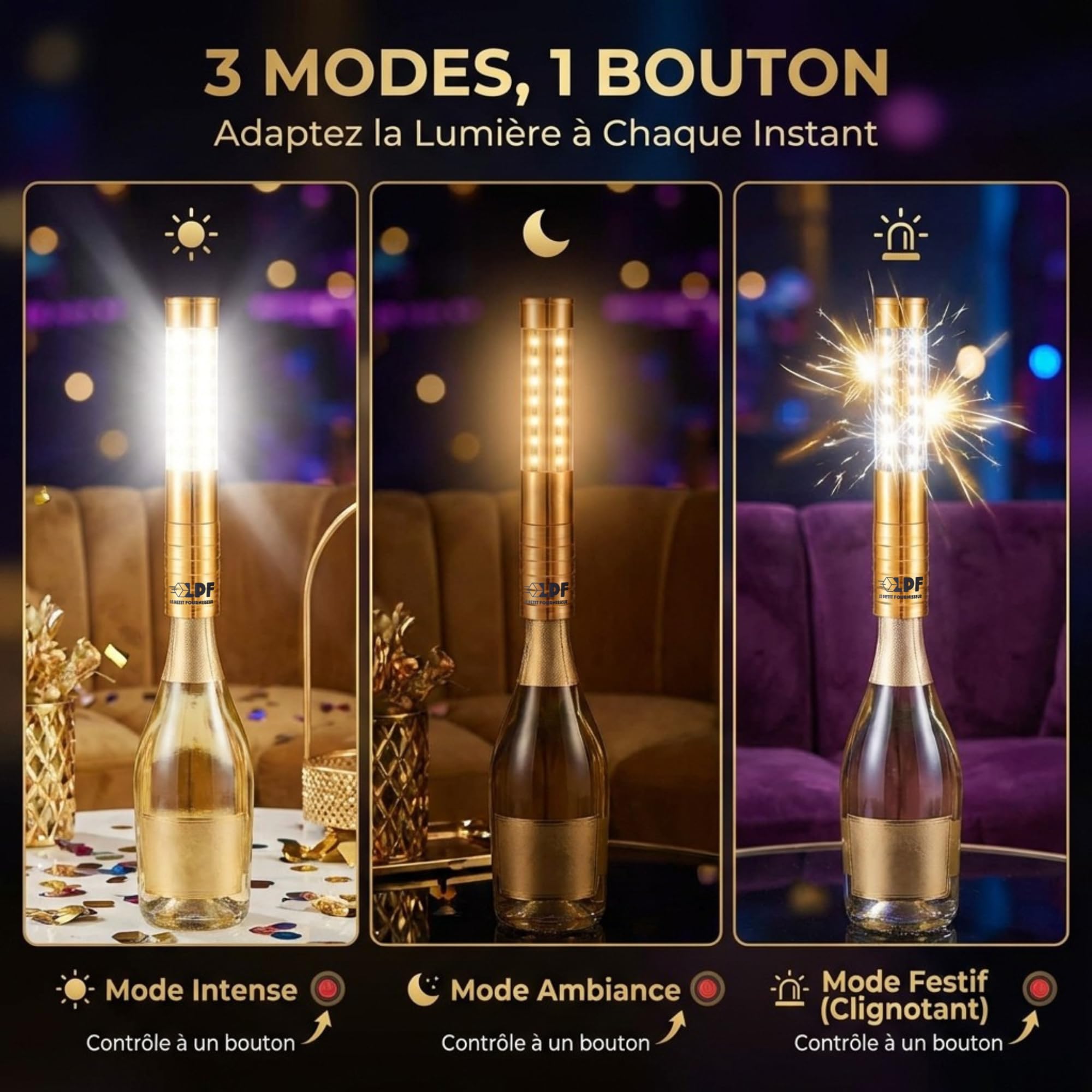 LPF LE PETIT FOURNISSEUR - Lot de 10 Bâtons LED Lumineux Bouteille Rechargeable – 3 Modes d’Éclairage (Strob, Intense, Ambiance) – Alternative Fontaine Scintillante – Aluminium Anti-Choc - Doré