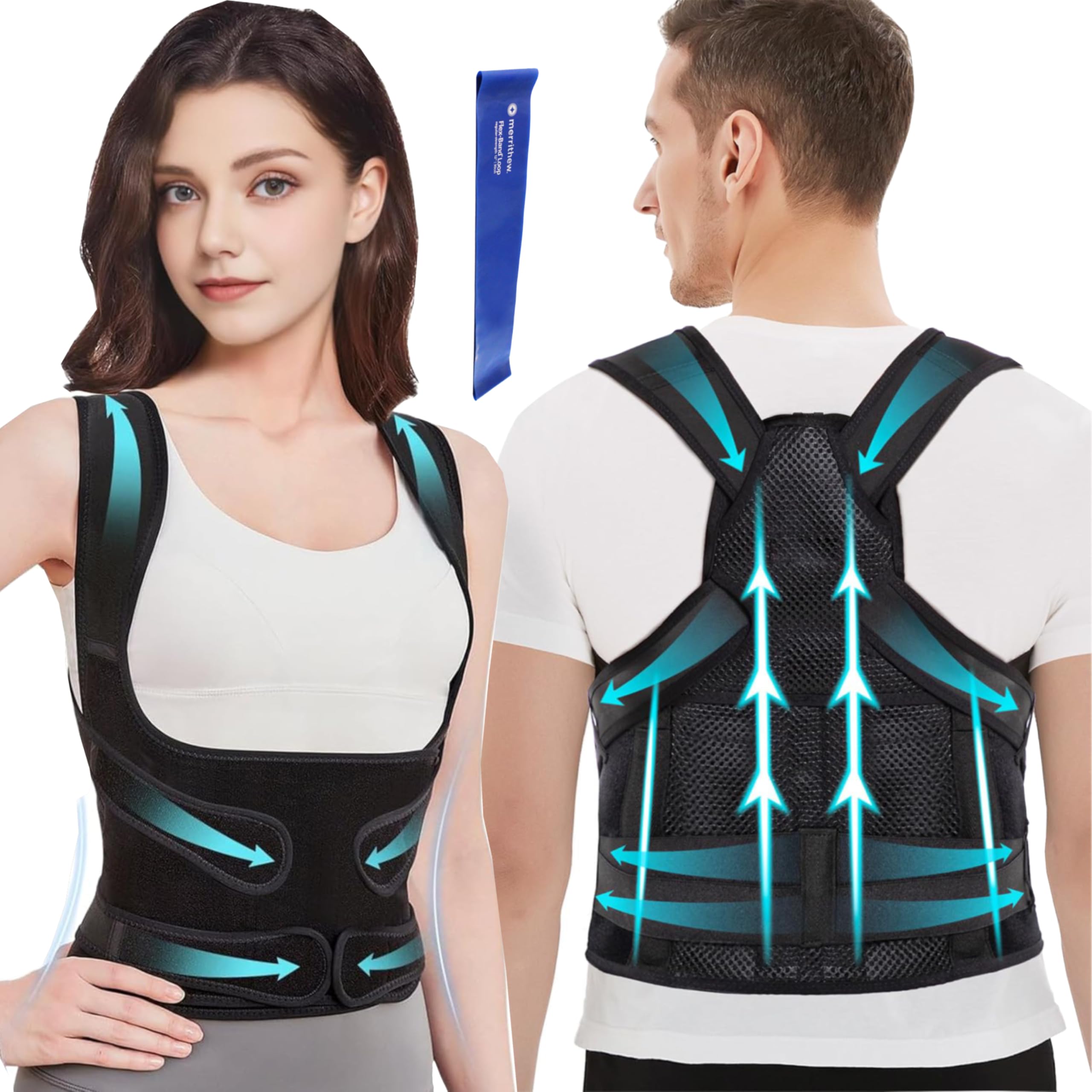 Posture Corrector for Women Men with Resistance Band Adjustable Back Brace for upper and Lower Back Slouch Support
