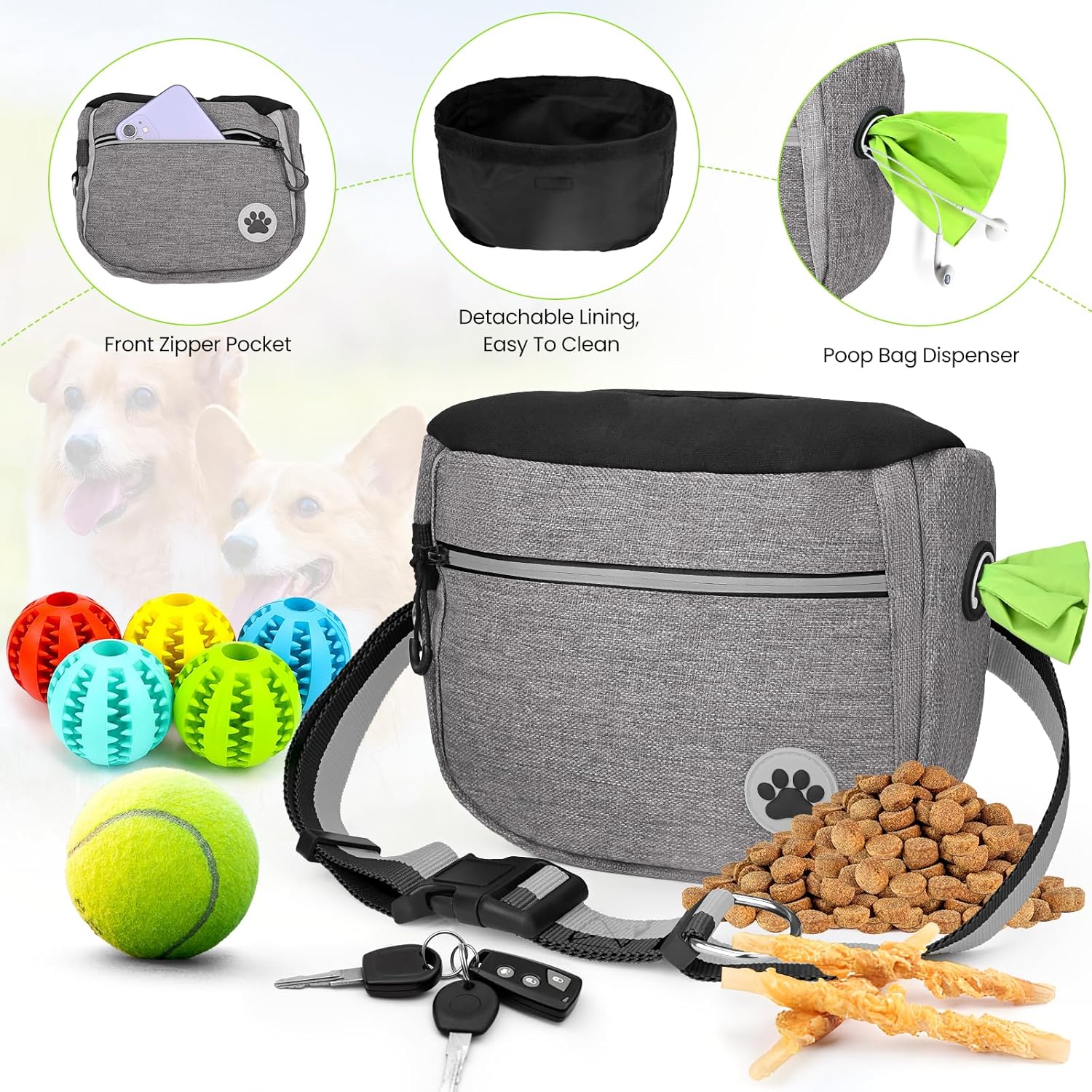 Xoolkly Dog Treat Pouch for Dog Training and Walking Dog Treat Bag with Adjustable Belt 3 Ways to Wear Dog Walking Bag with Poop Bag Holder, Grey 4 81wPU5+a2uL. AC SL1500