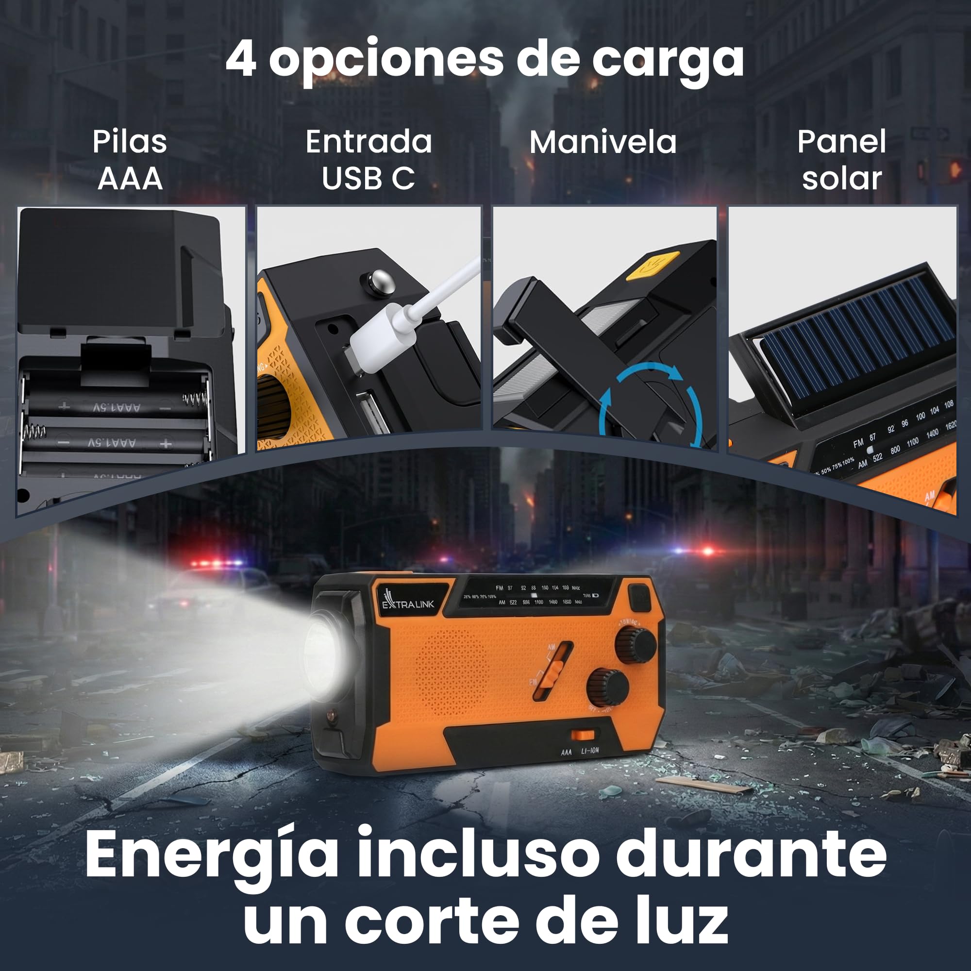 Extralink Radio Solar de Emergencia con Manivela, Función de Carga de 4000 mAh con Cables de Carga Integrados, FM/Am, Linterna LED & Luz de Lectura, Alarma SOS – para Camping y Supervivencia