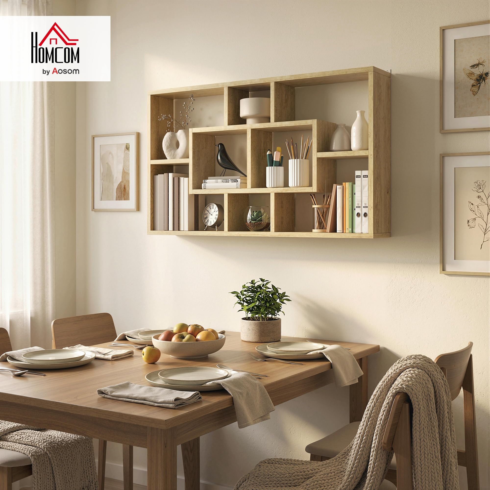 HOMCOM Estante de Pared Decorativo, Estantería para Libro, CDs, Baldas Flotantes con 8 Cubos, 85x14,5x47,5 cm, Carga 20kg, para Oficina, Estudio, Salón, Roble