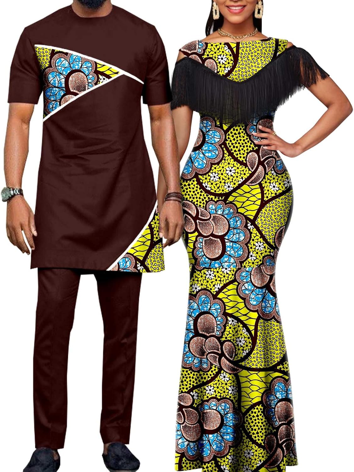 African Print Tassel Mermaid Long Dresses for Women Matching Couple Outfits Dashiki Men Clothes Shirt and Pant Sets