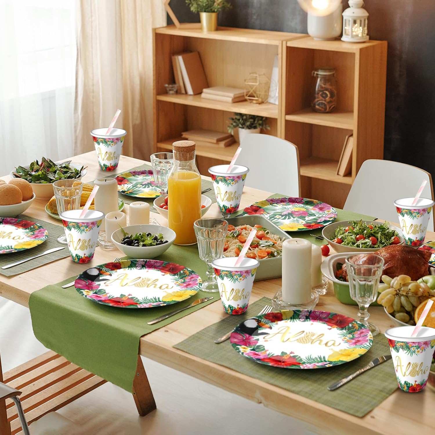 Hawaiian Aloha Party Supplies Tropical Themed Birthday Decoration Aloha Tropical Plates and Napkins for Hawaiian Luau Birthday Decorations Serves 20, 100 Pcs Disposable Party Dessert Dinnerwares