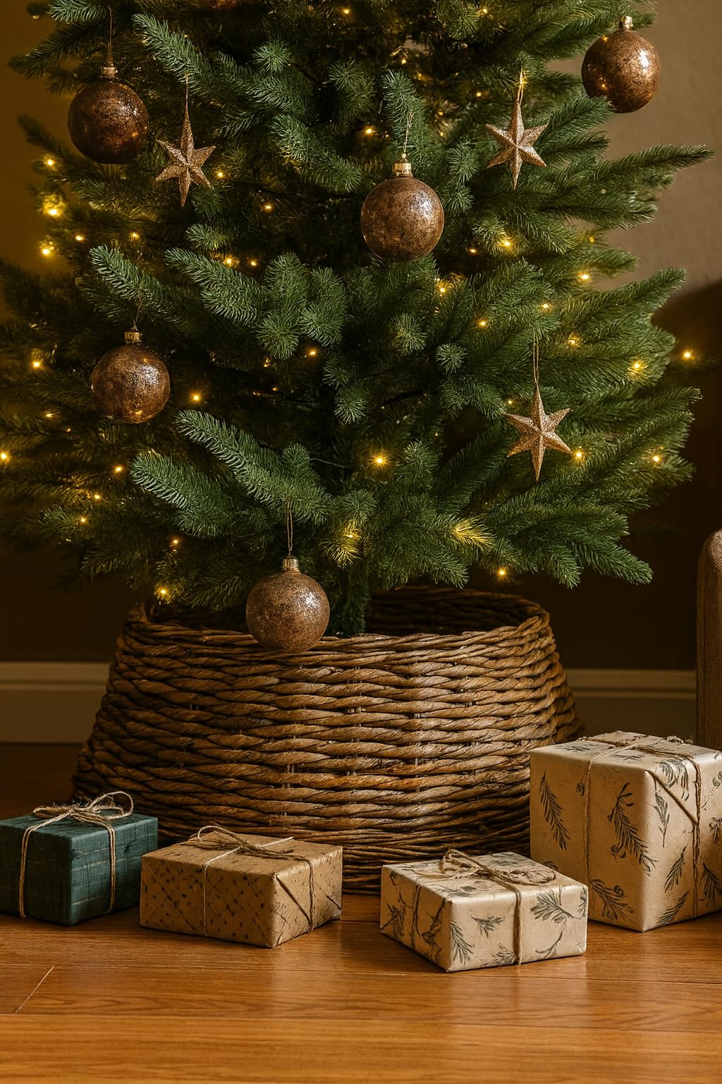 Jupe de sapin de Noël en osier et roseau - Original | ø 60 x 26 cm | Panier de sapin de Noël | Base de sapin de Noël | Décoration de Noël | Pied en osier | Jupe de sapin de Noël | Marron