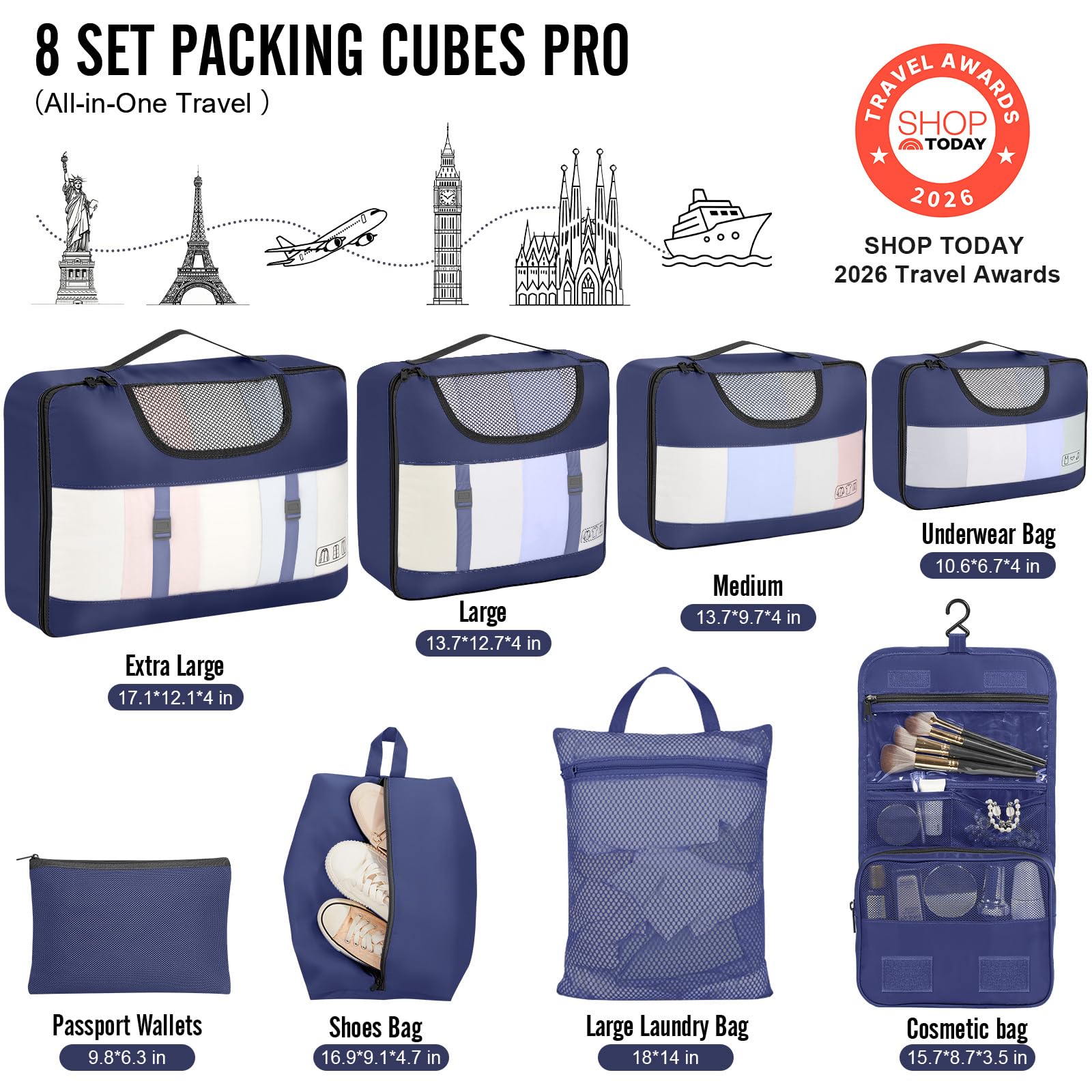Veken 8 Set Packing Cubes for Travel Essentials,Anti-Wrinkle Buckled Suitcase Organizer for Shoe & Toiletry Bag,Carry On Luggage Bag with 99+ Count Mesh Holes for Airplane & College Dorm Accessories view 2