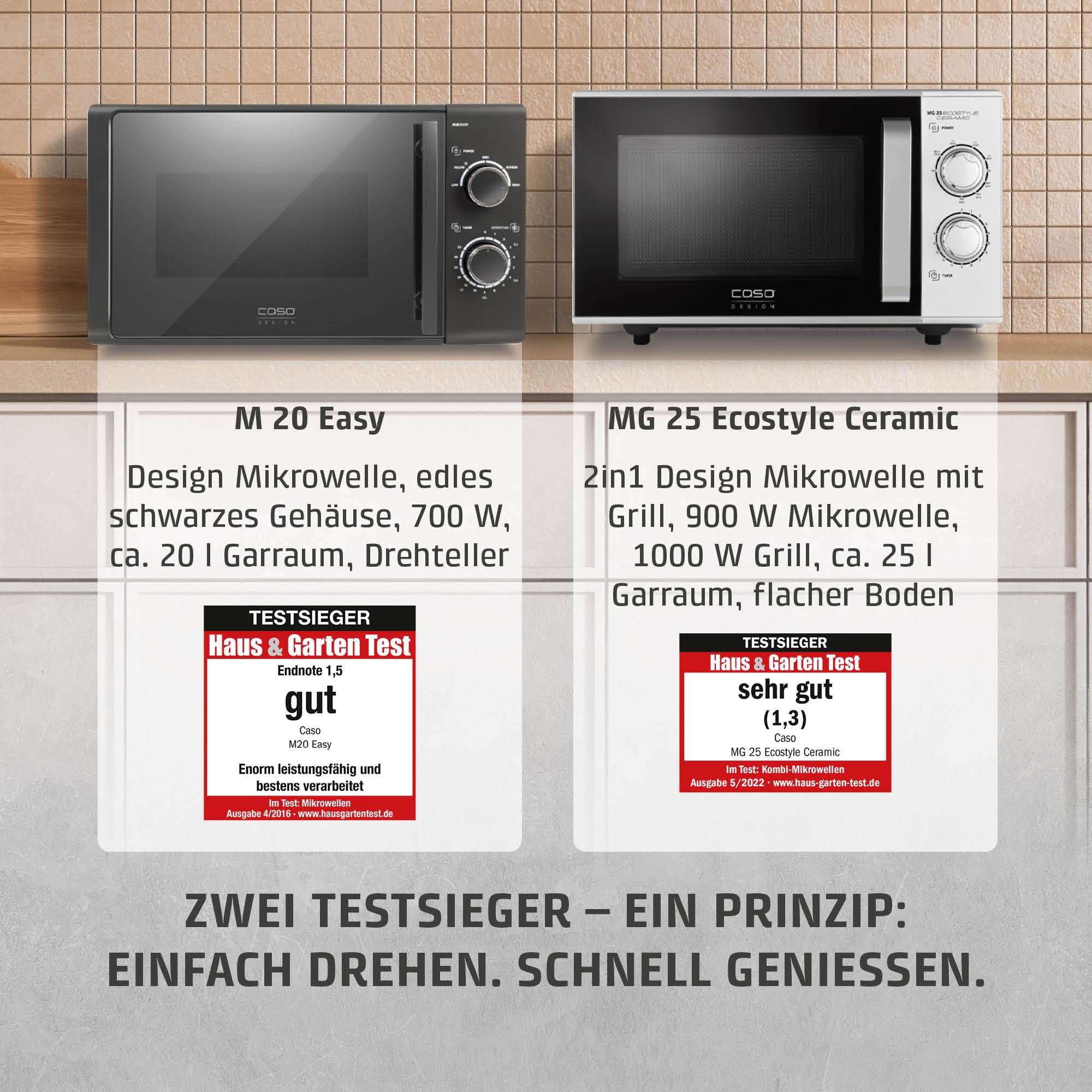 CASO M 20 EASY, Mikrowelle, 20L, 700 Watt, Drehteller Ø 25,5cm | 2 Auftauprogramme, anthrazit, Schwarz, Testsieger: Haus & Garten Test