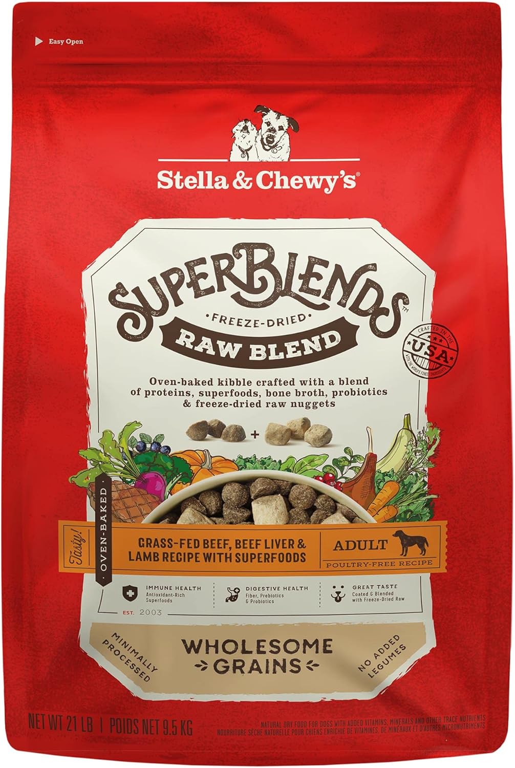 Stella & Chewy's SuperBlends Raw Blend Wholesome Grains Grass-Fed Beef, Beef Liver & Lamb Recipe with Superfoods, 21 lb. Bag