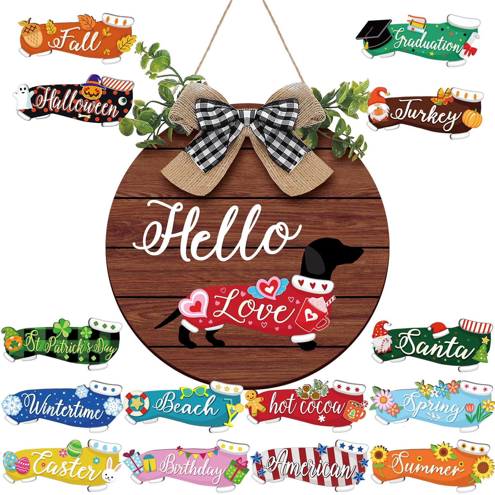Glenmal 16 Pcs Interchangeable Seasonal Dachshund Welcome Sign Rustic Dog Front Door Wreaths Detachable Holiday Hanging Decor for Spring Easter St. Patrick's Day All Seasons (Dark Wood Style)
