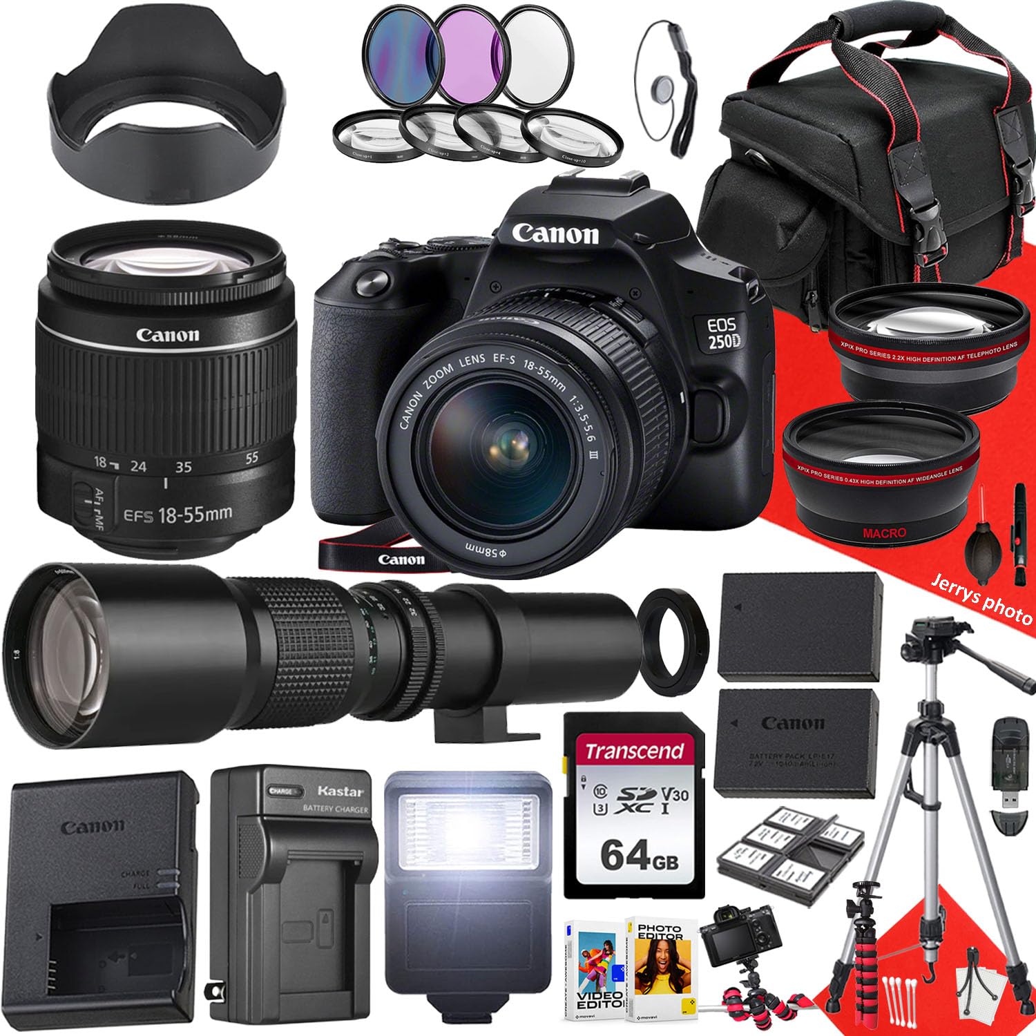 Canon EOS 250D / Rebel SL3 DSLR Camera with EF-S 18-55mm f/3.5-5.6 III DC and 500mm f/8.0 Preset Telephoto Lens + 64 GB Memory + Filters + Tripod + More (36pc Bundle) (Renewed), Black