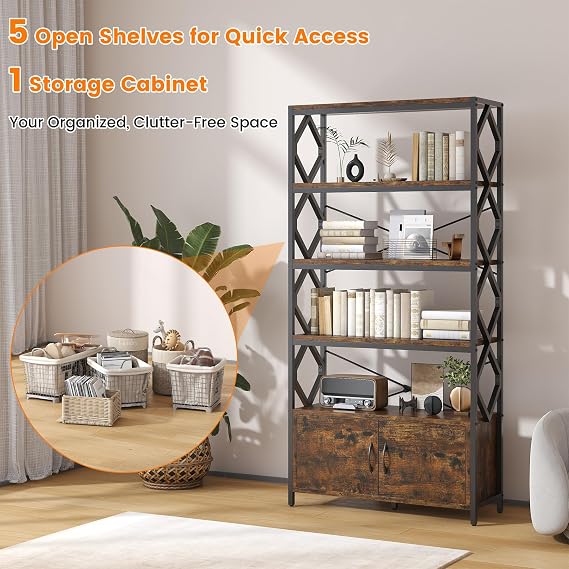 Industrial Bookshelf 4 Open Storage Bookcase with 2 Doors, Rustic Brown