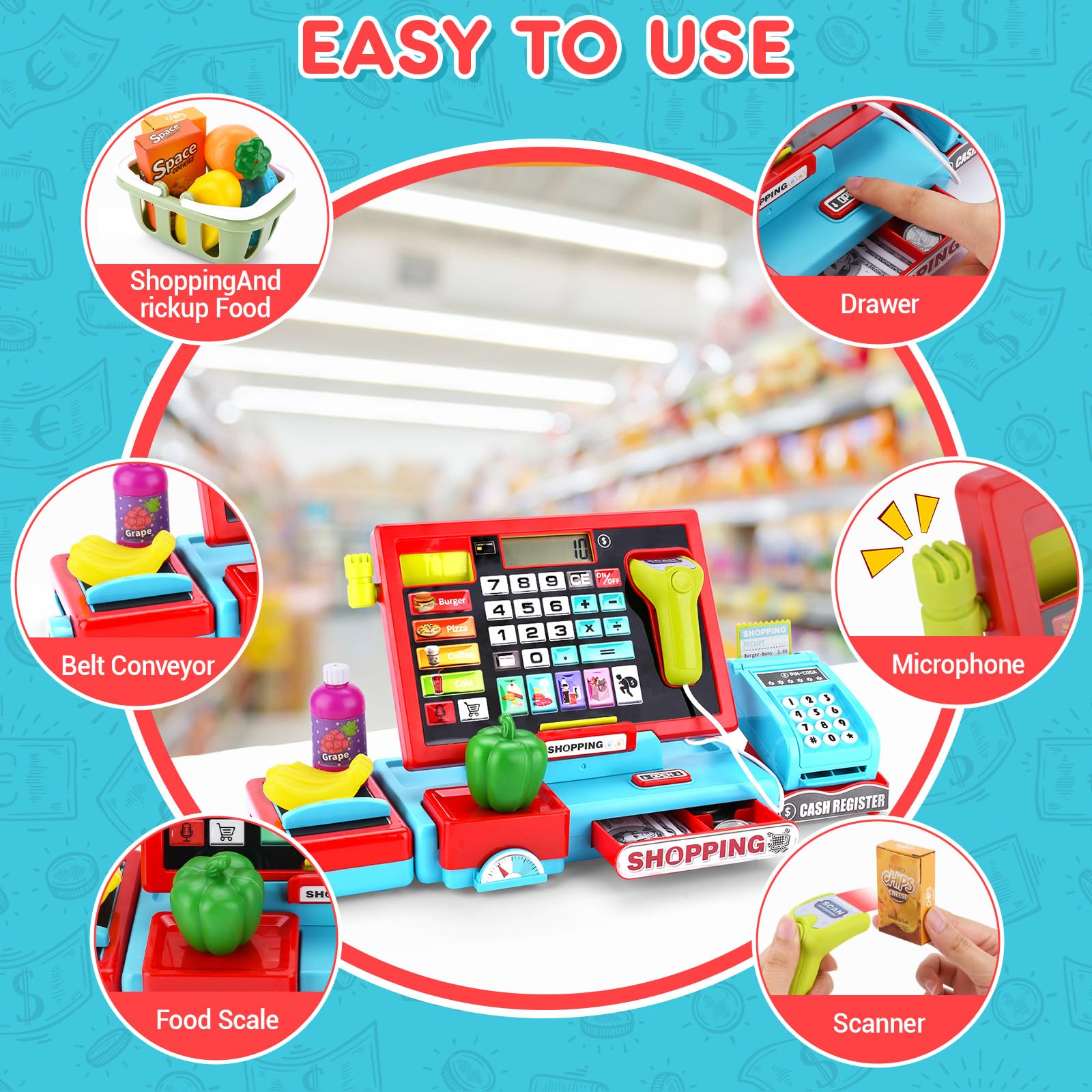Jouet Caisse Enregistreuse pour Enfants,Caisse Enregistreuse Jouet,Caisse Enregistreuse Enfants,Accessoires avec Scanner Son et Lumière,Jouets Alimentaires,Jeu de Rôle pour Enfant de 3+Ans