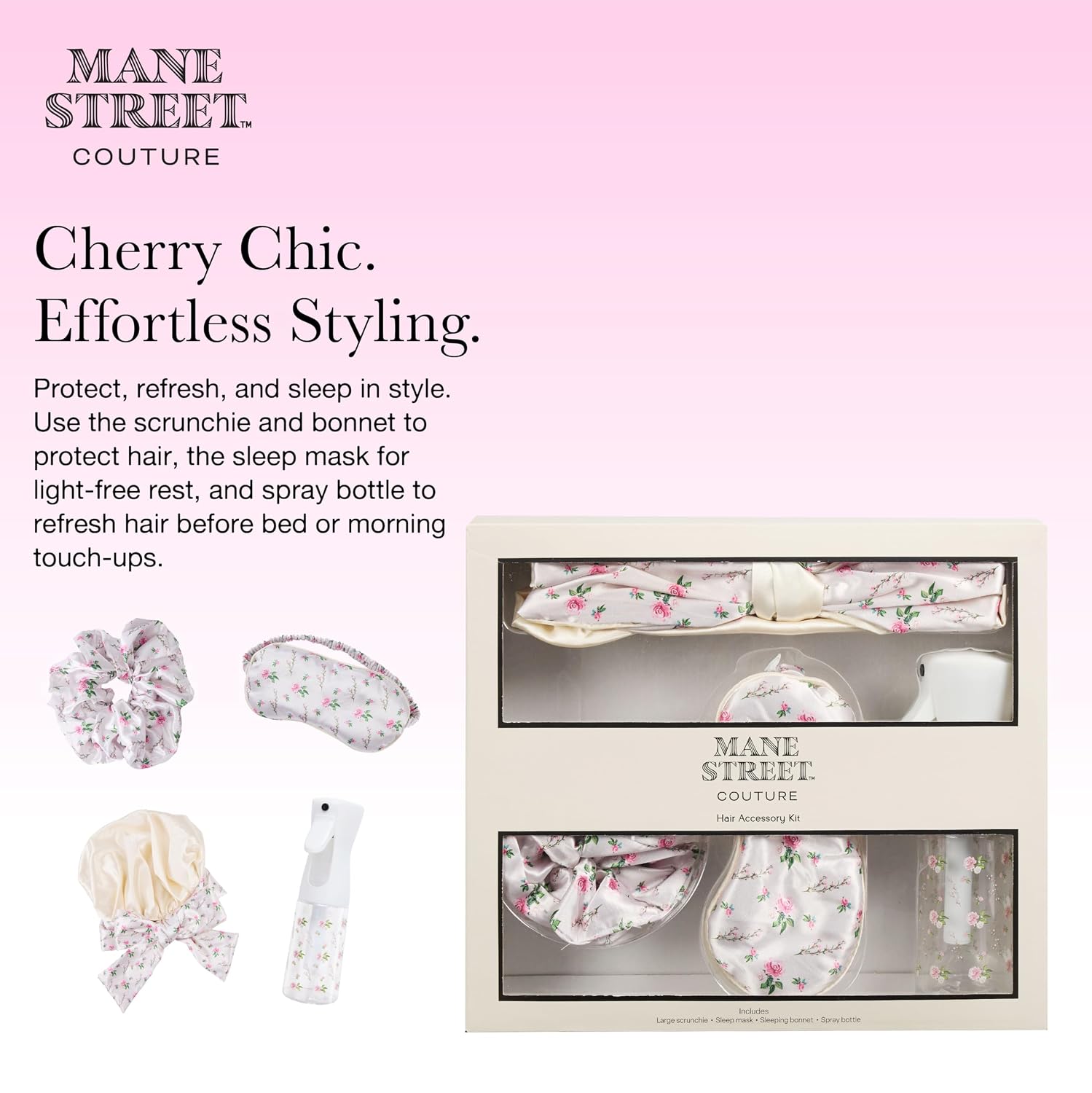4-Piece Hair Accessory & Sleep Set by Mane Street Couture | Satin Bonnet, Sleep Mask, Large Scrunchie & Spray Bottle | Ivory Floral