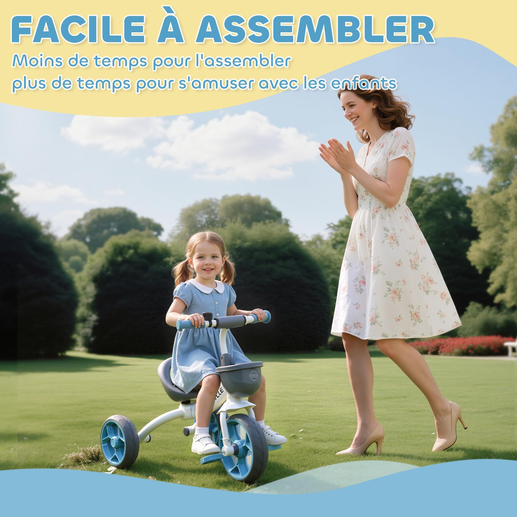 AIYAPLAY Tricycle Enfant Évolutif Panier Avant Roues EVA 2 à 5 Ans Bleu