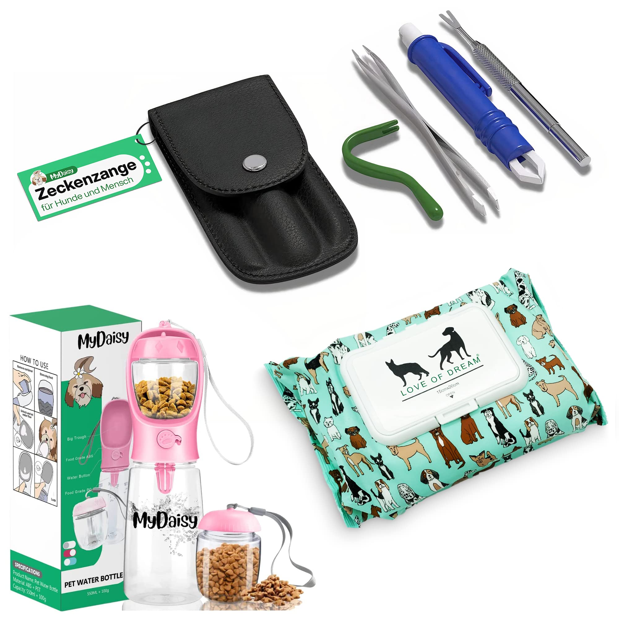 MYDAISY: Pinzas para garrapatas para Perros, biberón para Perros en Movimiento de 550 ml con Recipiente de Comida de 100 g y 100 limpiadores de Patas para Perros, Todo en un Solo Juego