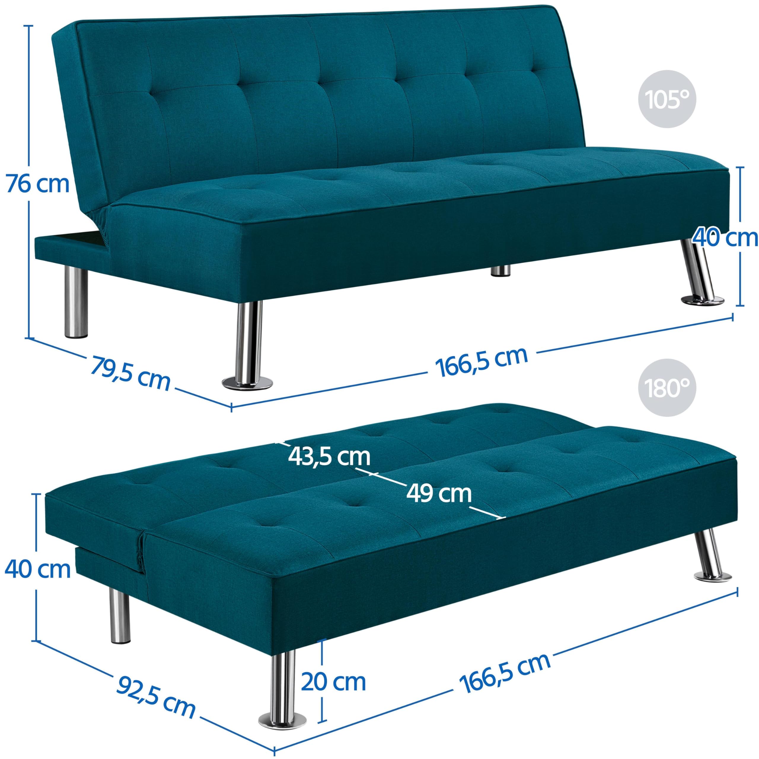 Yaheetech Divano Letto Reclinabile con Seduta Imbottita Convertibile in Letto 105° - 180° Mobile Regolabile da Soggiorno Salotto Stanza Ospiti Arredamento per Riposo Blu Acqua/Tessuto
