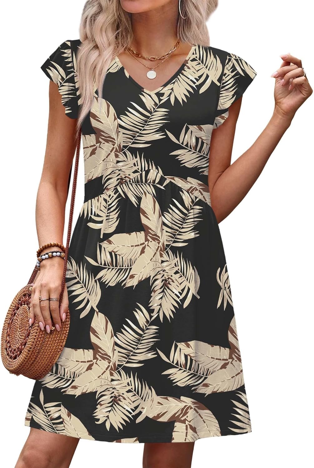 OFEEFAN Summer Dresses for Women Beach Vacation Clothes V Neck Ruffle Sleeve Babydoll Dress Elegant Classy Sundress - Image 3