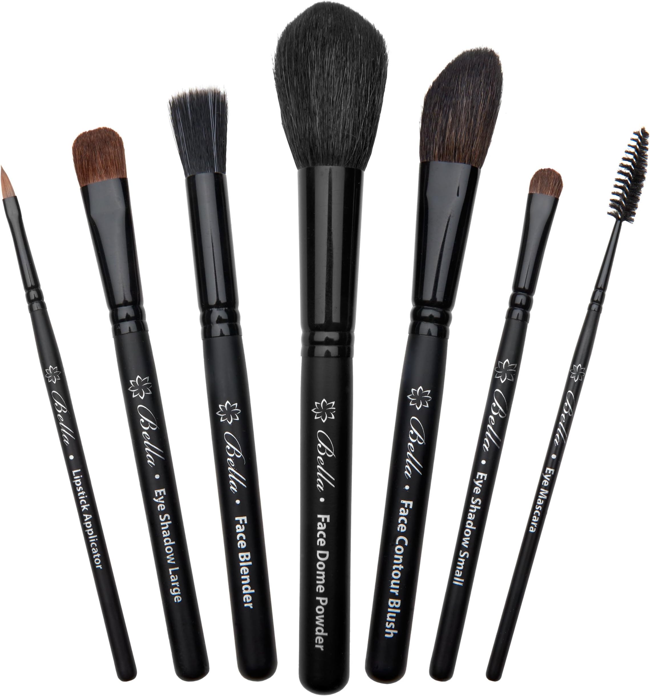 Bella Complete Makeup Brush Set (7-Piece) | Handmade in USA | Face Dome Powder, Contour Blush, Eye Mascara, Lipstick Applicator, and Large & Small Cosmetic Brushes | Full Make Up Kit for Women