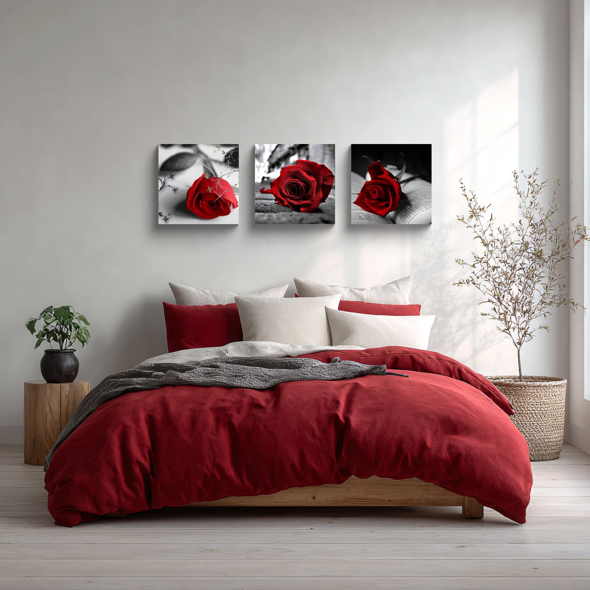 NAN Wind Lienzo impreso en lienzo de 3 piezas en blanco y negro, rojo, rosa, para decoración del hogar, estirado y enmarcado (16 x 16 x 3 unidades, A-Rose)