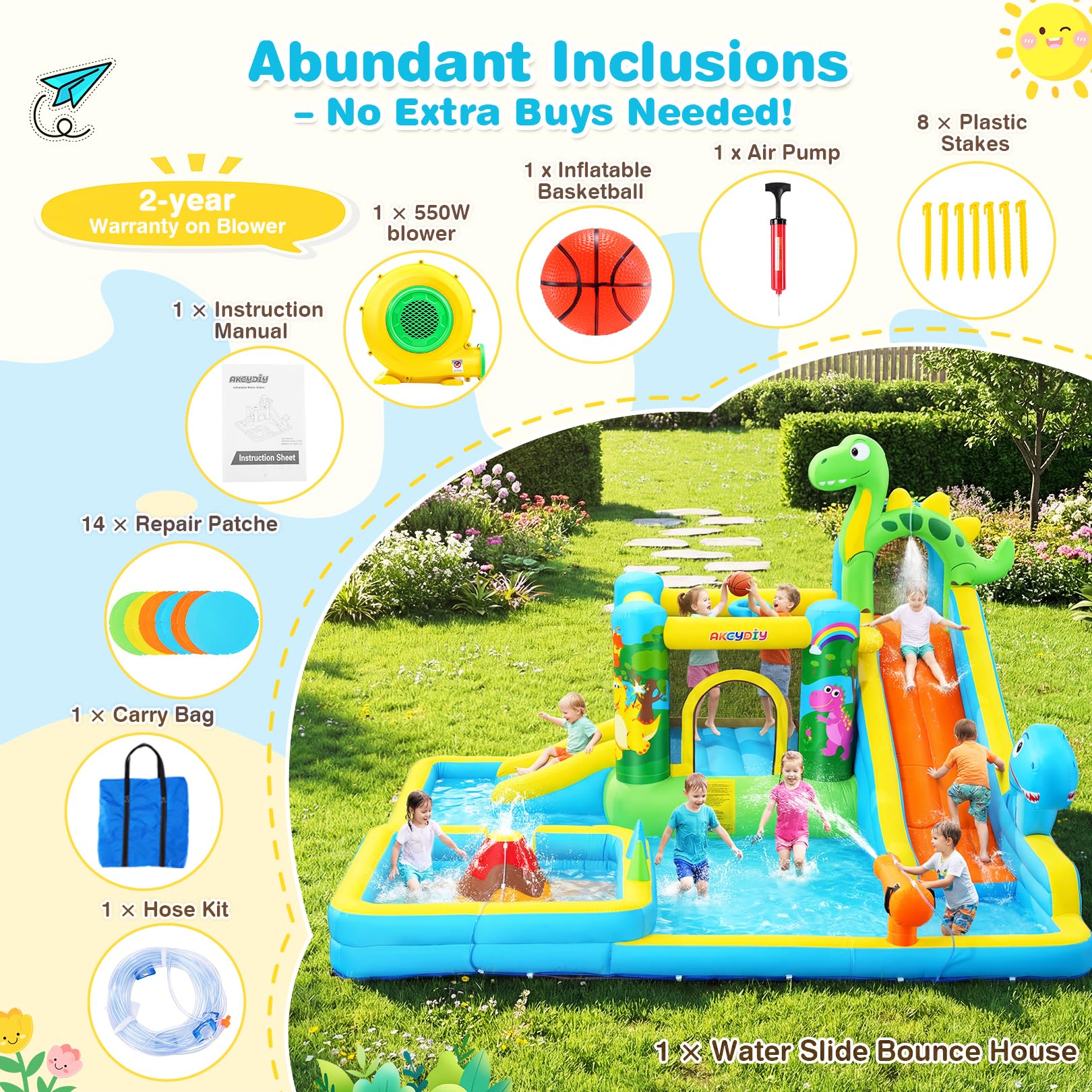 AKEYDIY Große Wasserrutsche für Kinder im Alter von 3–12 Mädchen/Jungen, Dinosaurier-Thema, aufblasbares Hüpfhaus, 550 W Gebläse, Lange und Kurze Rutschen, Planschbecken für Kinder, Sommer