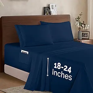 Elegant Comfort Luxury 1500 Premium Hotel Quality Microfiber 4-Piece Sheet Set - Soft, All Around Elastic 18-24 Inches Deep Fitted Sheet - Extra Deep Pocket Sheets, Twin/Twin XL, Navy Blue